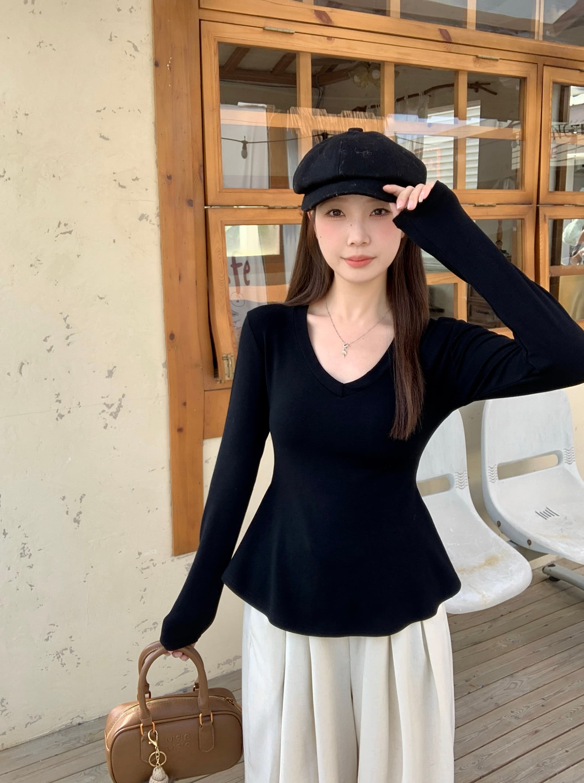 실사 빅 사이즈 지방 mm 가을 겨울 새로운 순수한 욕망 바람 핫걸 디자인 센스 V넥 꼬집기 허리 슬림해 보이는 티셔츠 기본 셔츠 상세 이미지 12