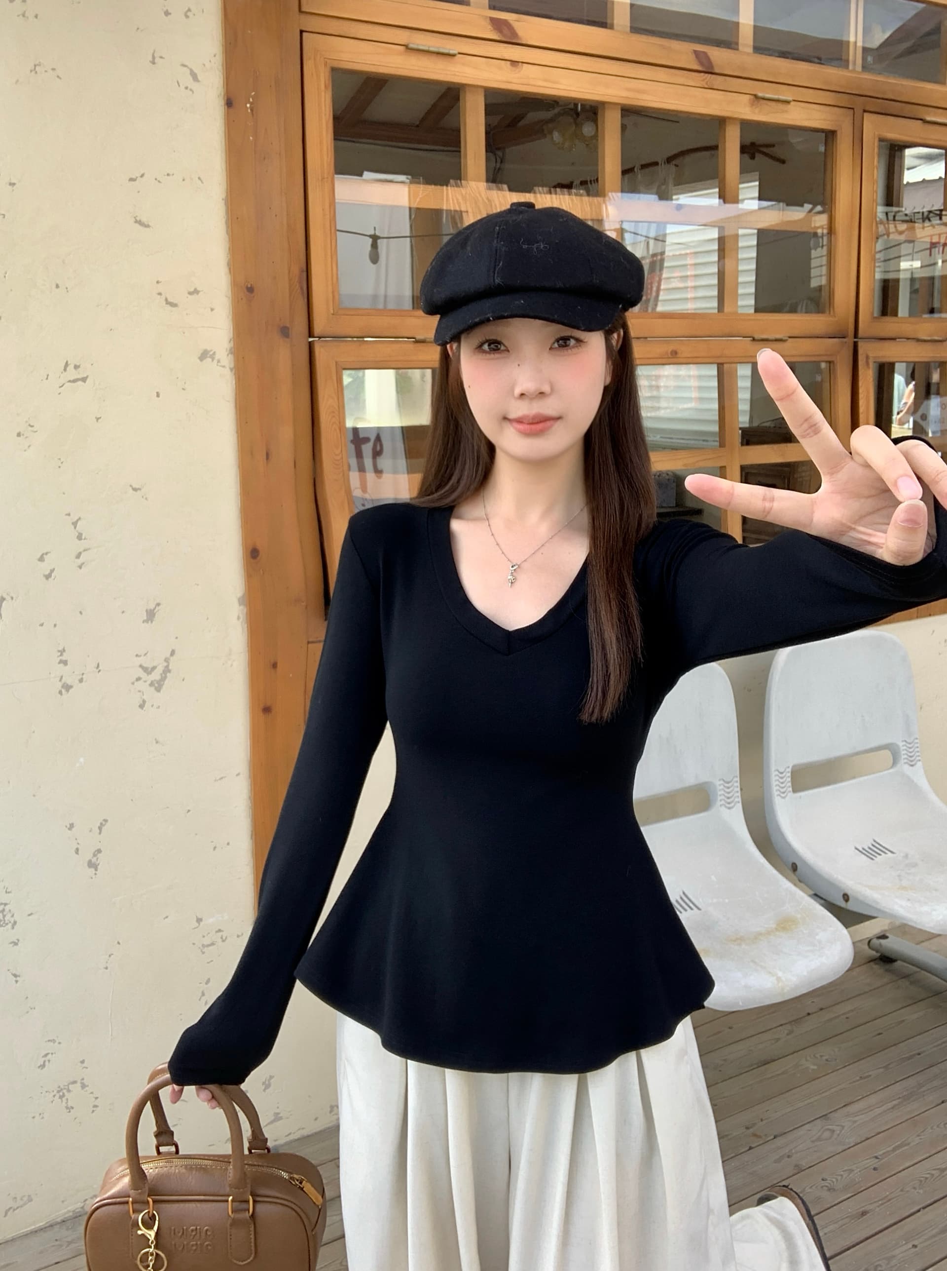실사 빅 사이즈 지방 mm 가을 겨울 새로운 순수한 욕망 바람 핫걸 디자인 센스 V넥 꼬집기 허리 슬림해 보이는 티셔츠 기본 셔츠 상세 이미지 13