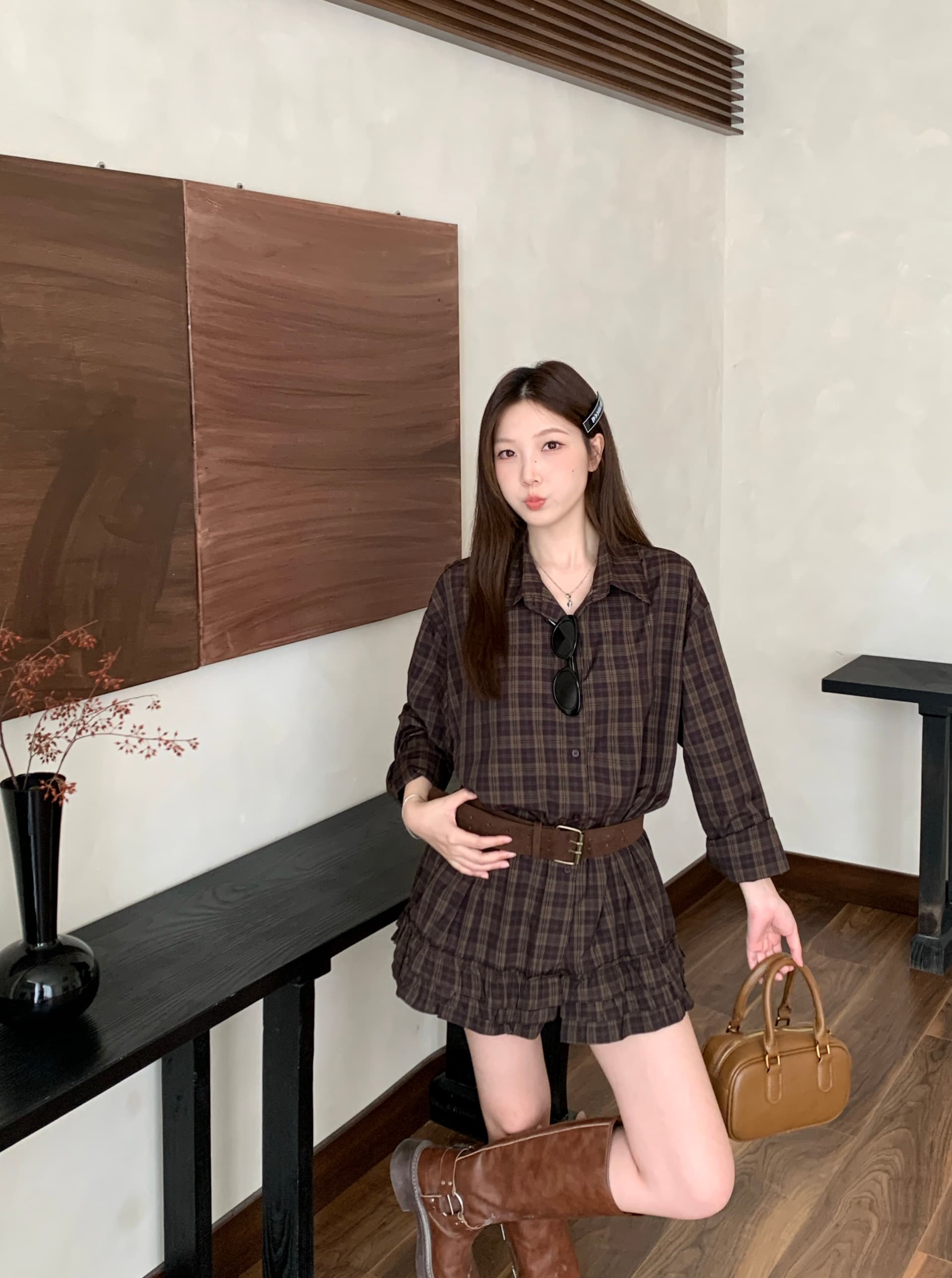 실사 빅 사이즈 통통한 여동생 가을 한 부서 레트로 루즈핏 셔츠 체크무늬 프릴 느긋한 바람 반바지 세트 상세 이미지 5