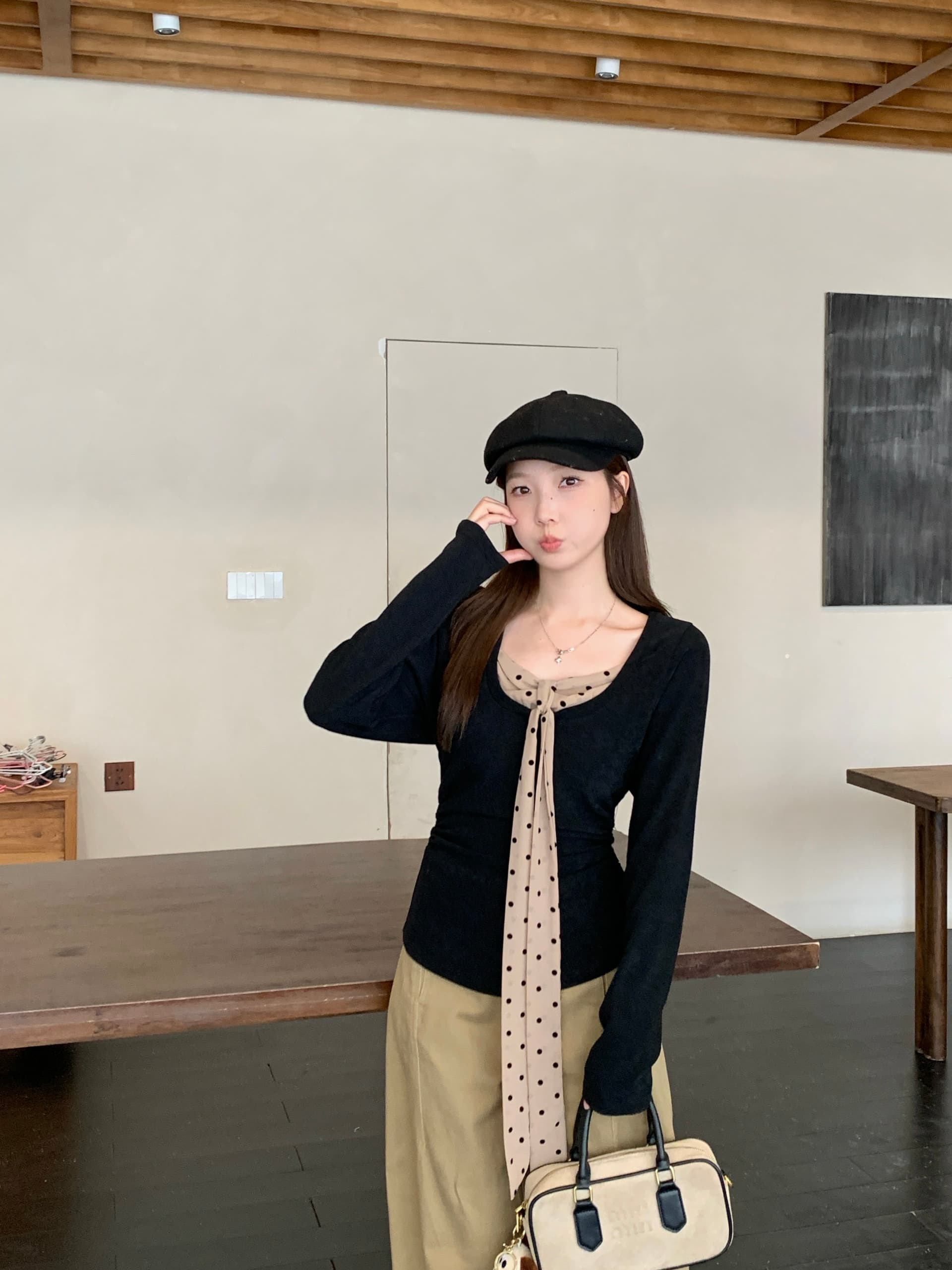 실사 빅 사이즈 여성 의류 가을 겨울 새로운 순수한 욕망 바람 도트 무늬 리본 페이크 레이어드 맨위 몸매 가꾸기 슬림해 보이는 기본 셔츠 상세 이미지 15