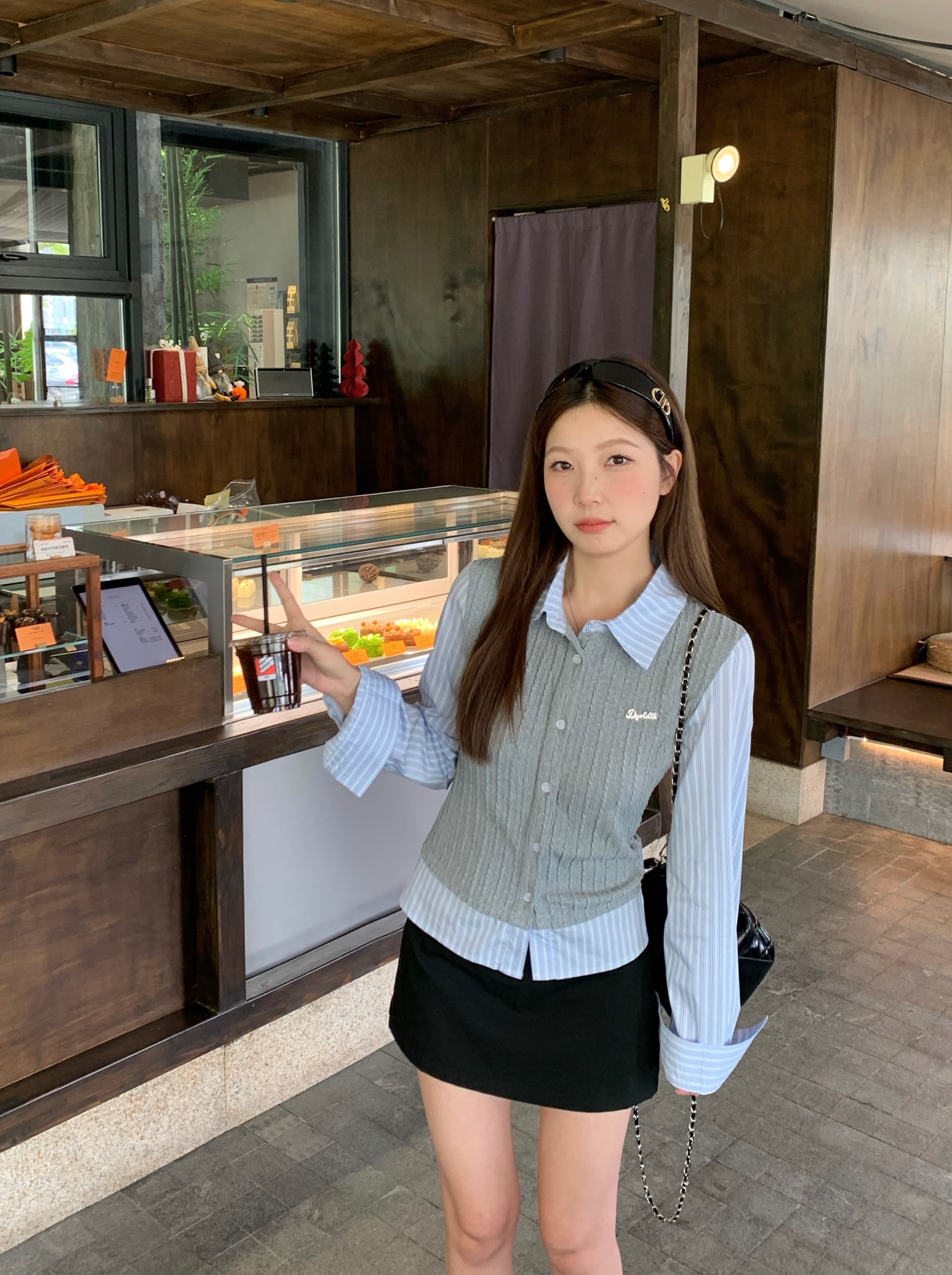 실사 빅 사이즈 지방 mm 학원 스타일 페이크 레이어드 스트라이프 패치워크 여성 셔츠 가을 몸매 가꾸기 슬림해 보이는 니트 맨위 이미지 4