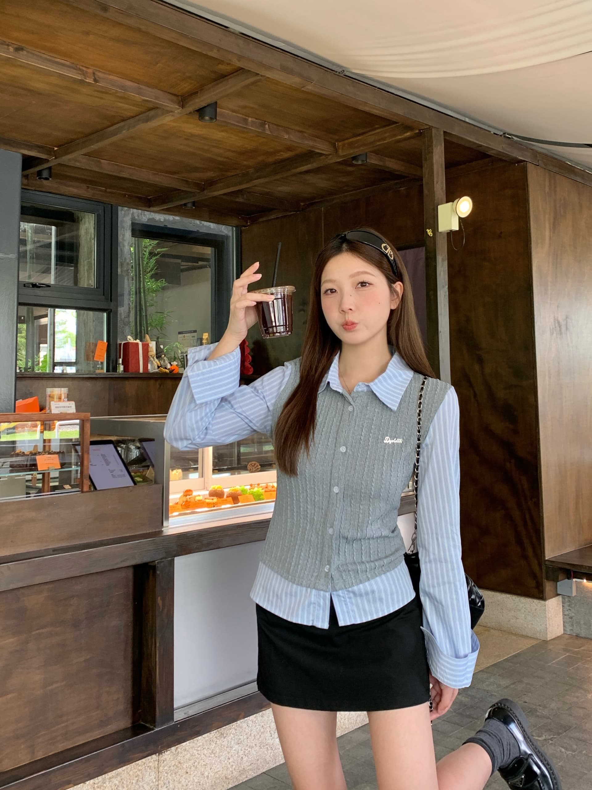 실사 빅 사이즈 지방 mm 학원 스타일 페이크 레이어드 스트라이프 패치워크 여성 셔츠 가을 몸매 가꾸기 슬림해 보이는 니트 맨위 상세 이미지 3
