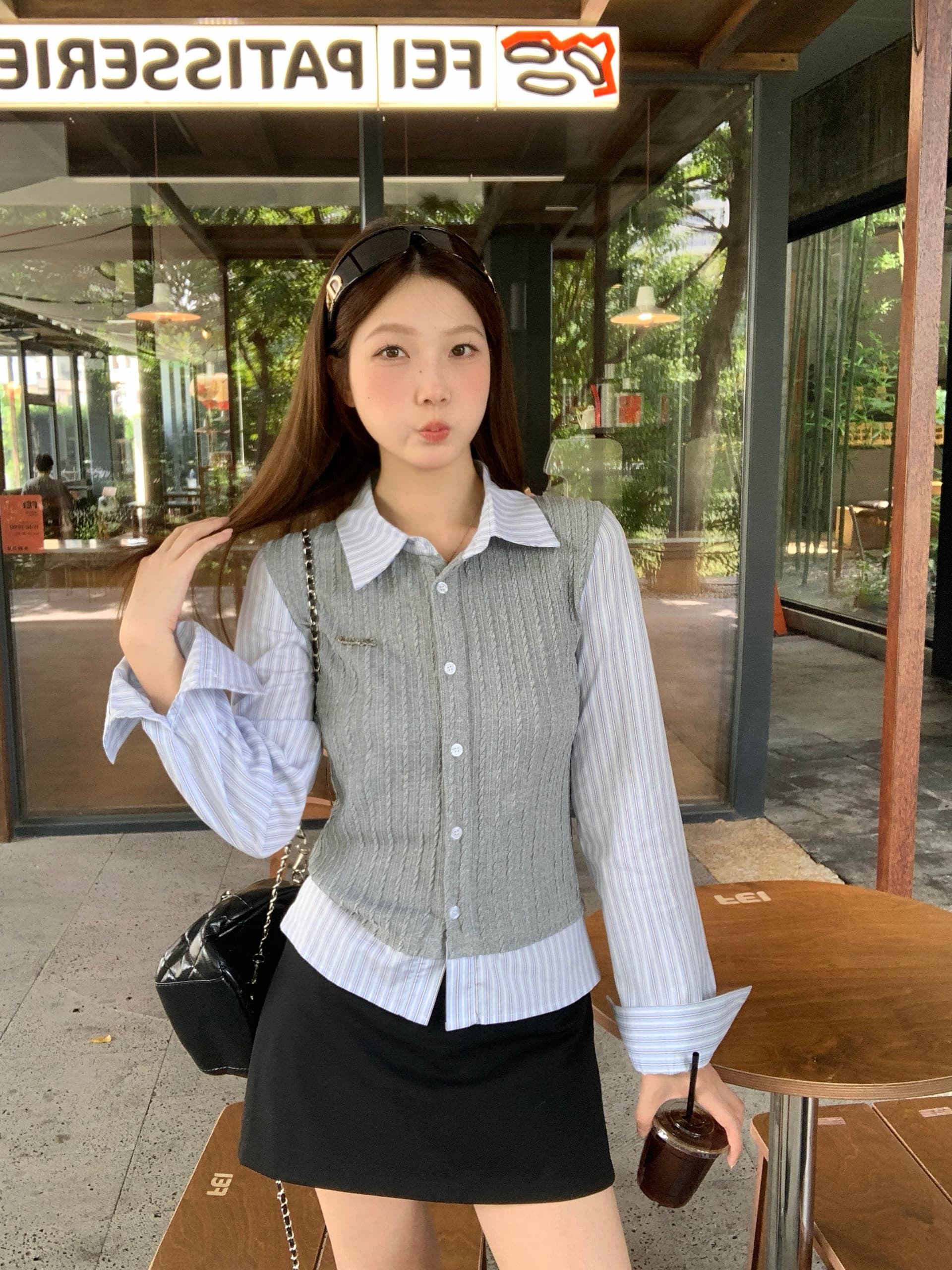 실사 빅 사이즈 지방 mm 학원 스타일 페이크 레이어드 스트라이프 패치워크 여성 셔츠 가을 몸매 가꾸기 슬림해 보이는 니트 맨위 상세 이미지 4