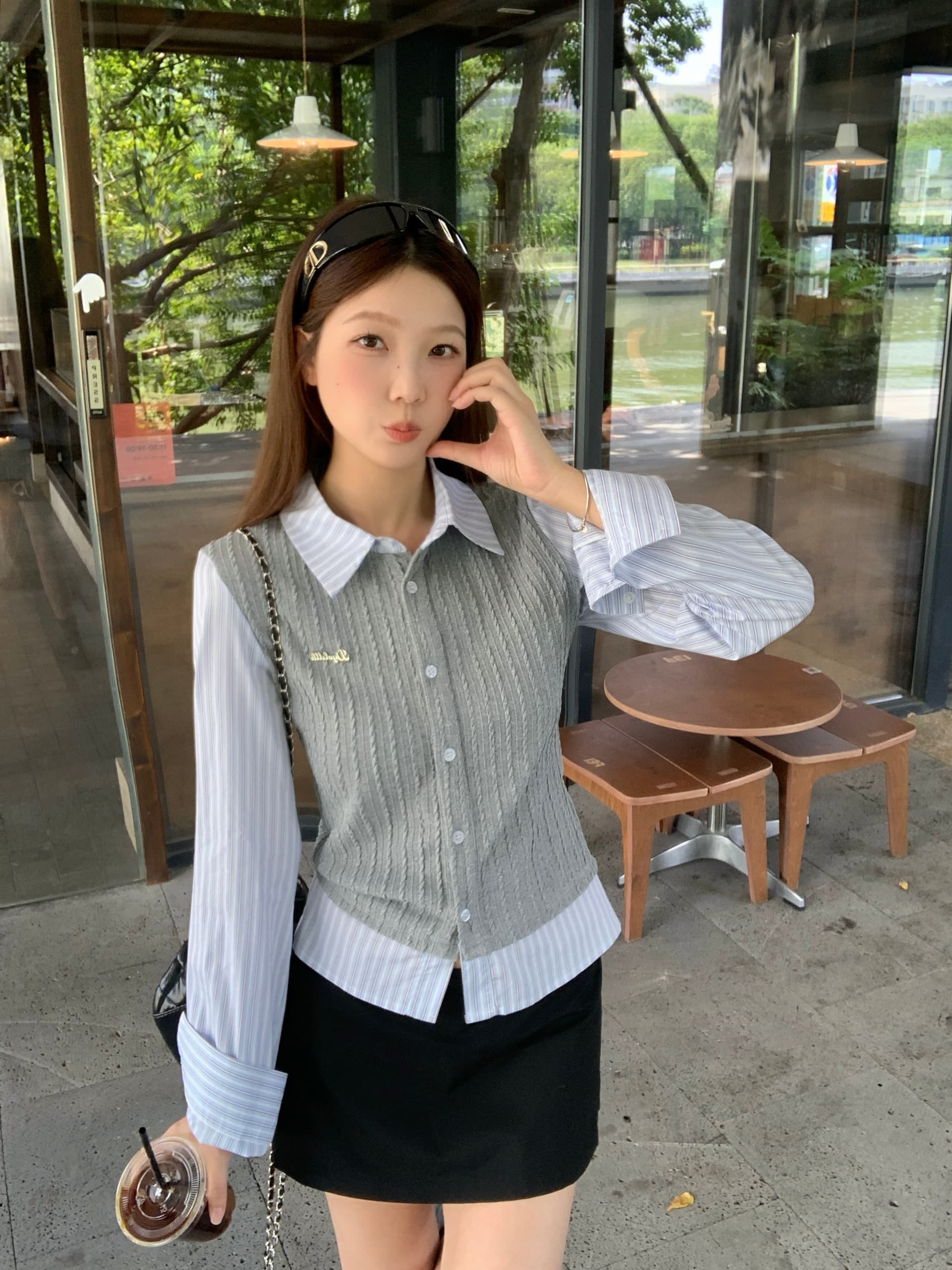 실사 빅 사이즈 지방 mm 학원 스타일 페이크 레이어드 스트라이프 패치워크 여성 셔츠 가을 몸매 가꾸기 슬림해 보이는 니트 맨위 상세 이미지 5