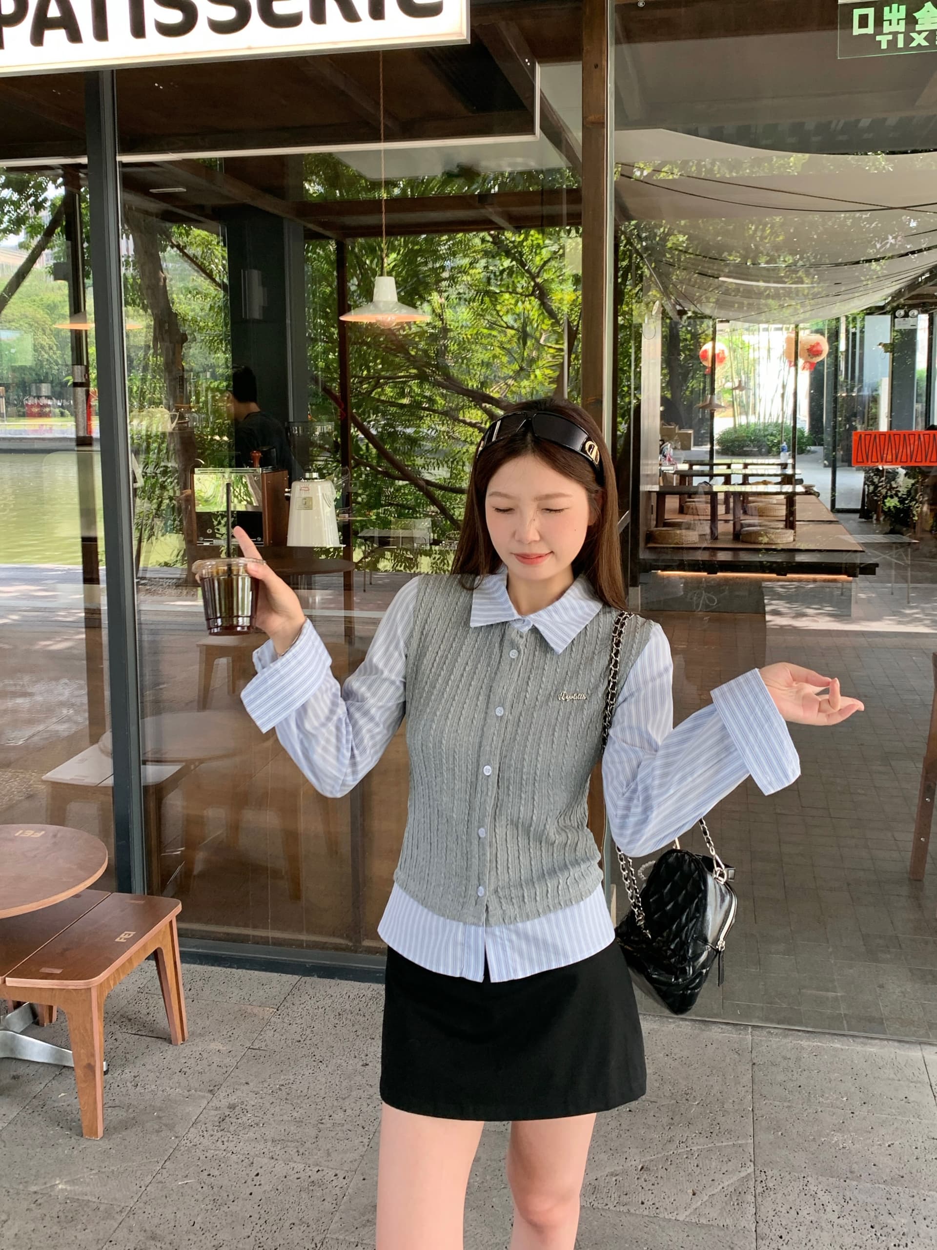 실사 빅 사이즈 지방 mm 학원 스타일 페이크 레이어드 스트라이프 패치워크 여성 셔츠 가을 몸매 가꾸기 슬림해 보이는 니트 맨위 상세 이미지 6
