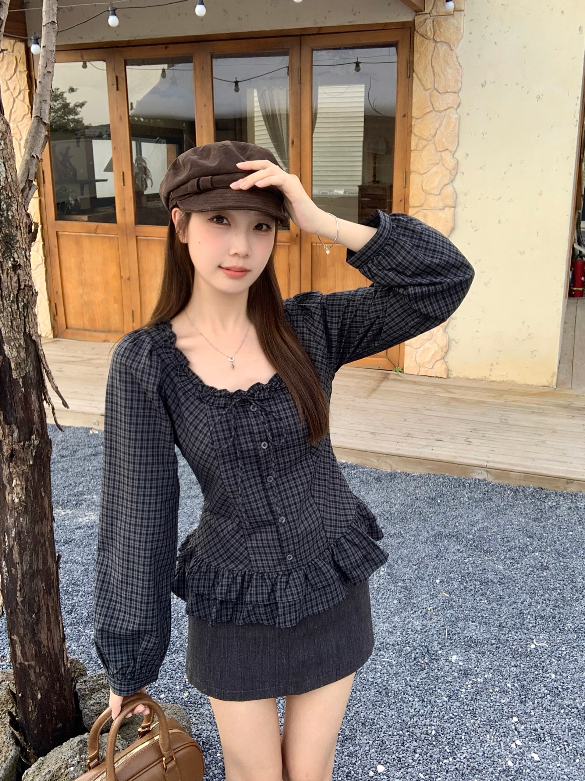 실사 빅 사이즈 봄 새로운 프랑스식 체크무늬 프릴 나비 매듭 셔츠 다용도 몸매 가꾸기 슬림해 보이는 맨위 상세 이미지 2