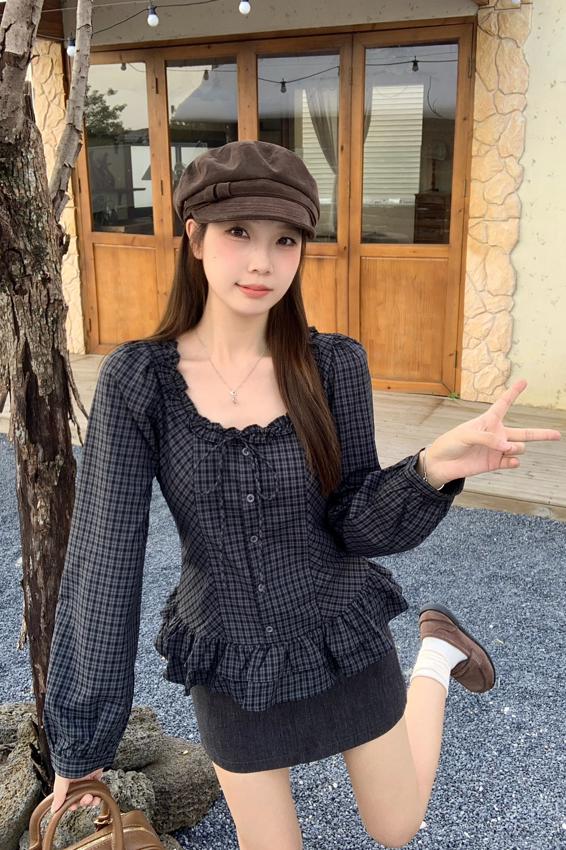 실사 빅 사이즈 봄 새로운 프랑스식 체크무늬 프릴 나비 매듭 셔츠 다용도 몸매 가꾸기 슬림해 보이는 맨위 이미지 6