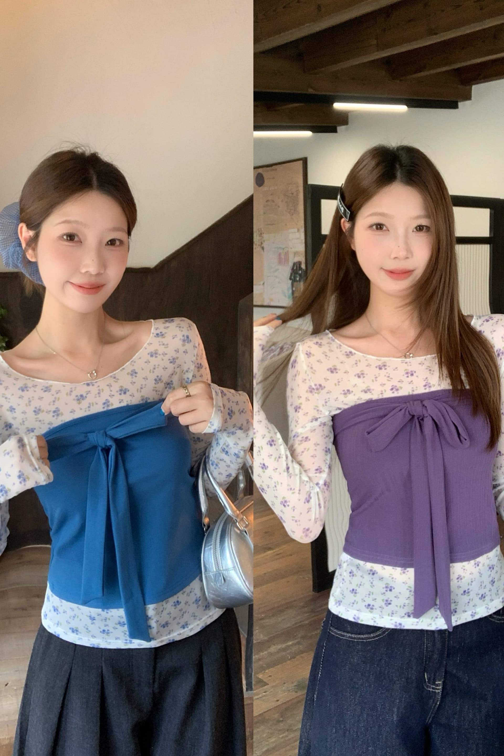 실사 빅 사이즈 통통한 여동생 2026 새로운 한 부서 작은 꽃무늬 긴팔 나비 매듭 스트랩 튜브탑 조끼 세트 이미지 6