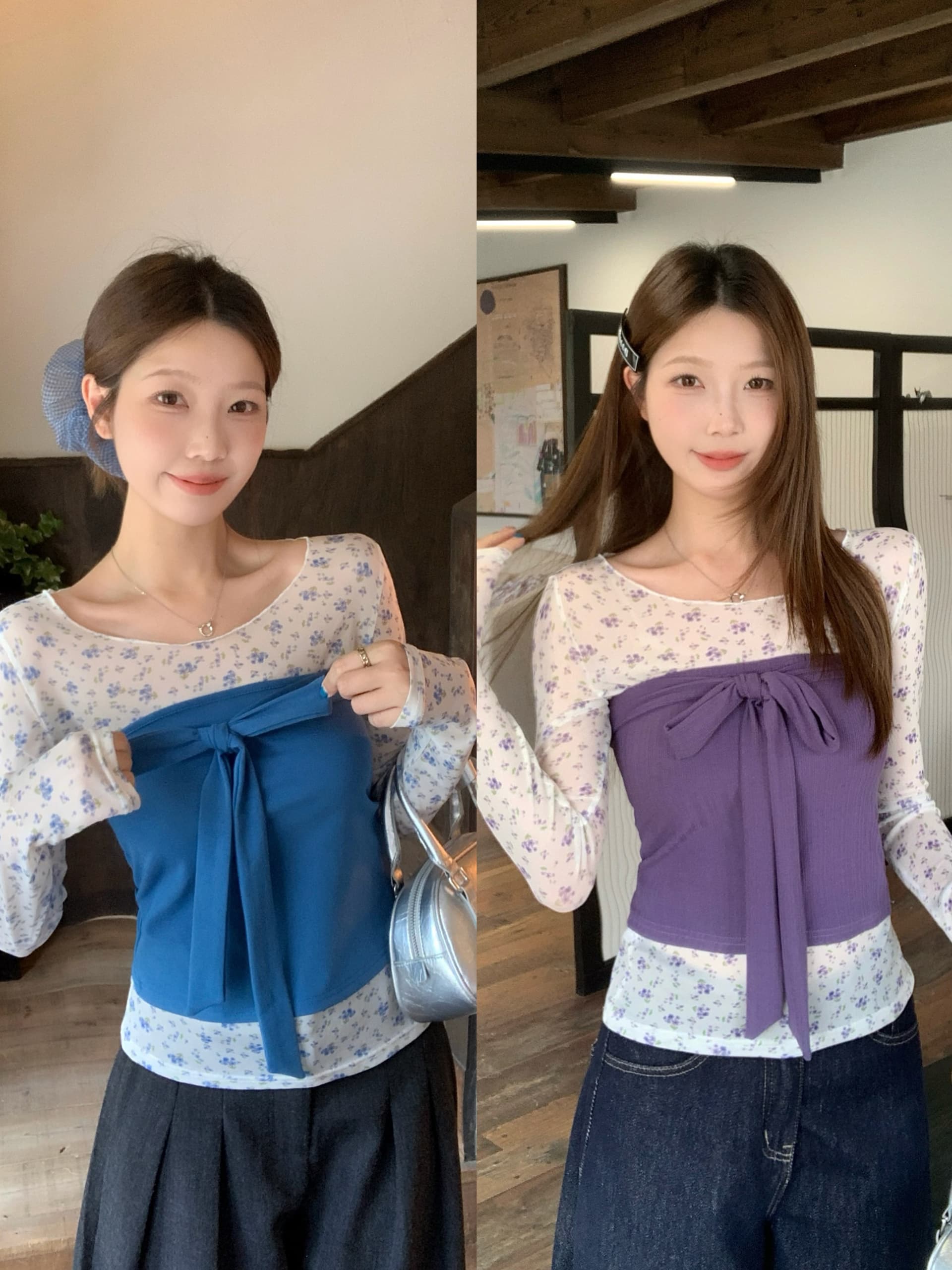 실사 빅 사이즈 통통한 여동생 2026 새로운 한 부서 작은 꽃무늬 긴팔 나비 매듭 스트랩 튜브탑 조끼 세트 상세 이미지 2