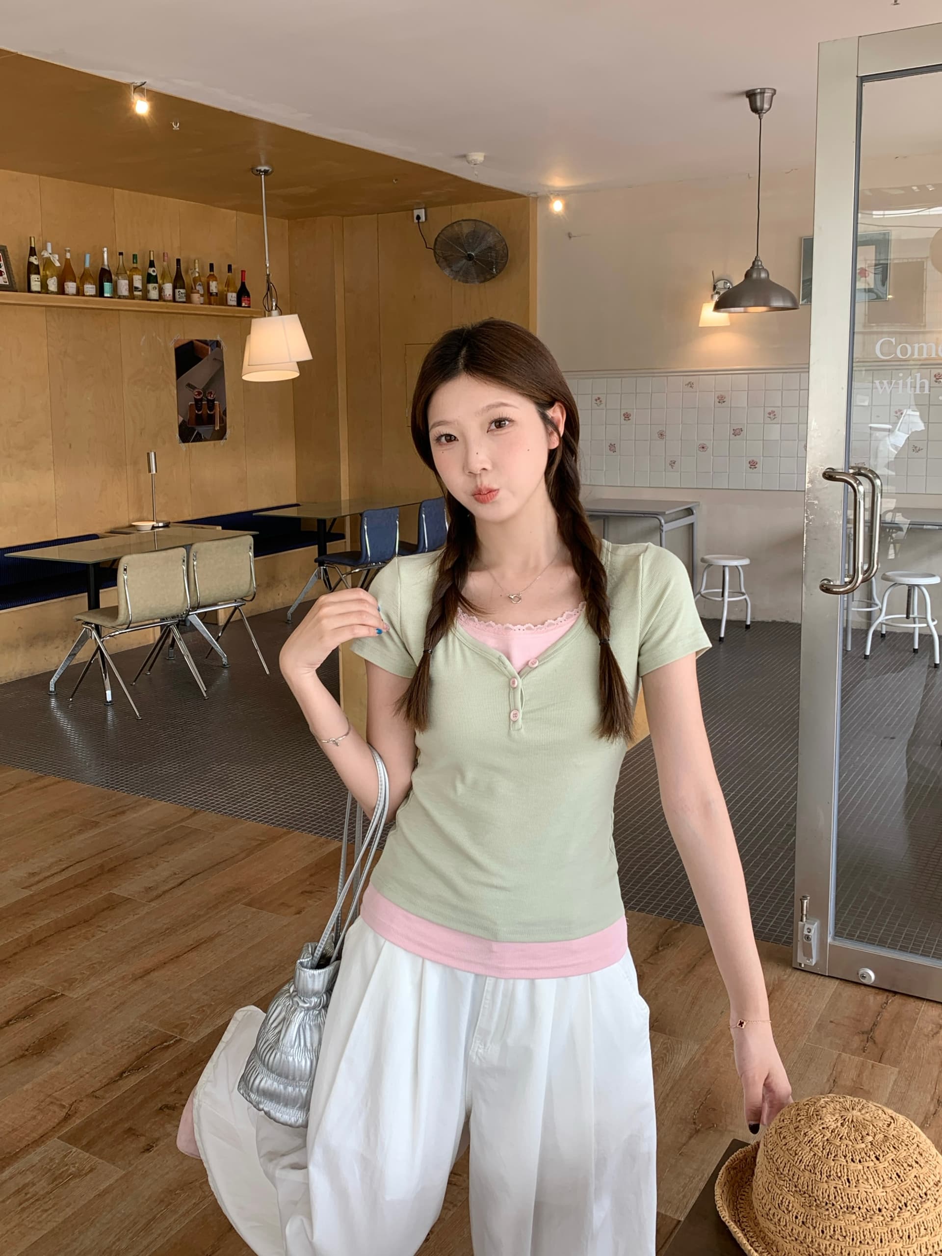 실사 빅 사이즈 여름 새로운 순수한 욕망 달콤한 핫걸 페이크 레이어드 티셔츠 레이스 레이스 배색 몸매 가꾸기 슬림해 보이는 맨위 상세 이미지 3