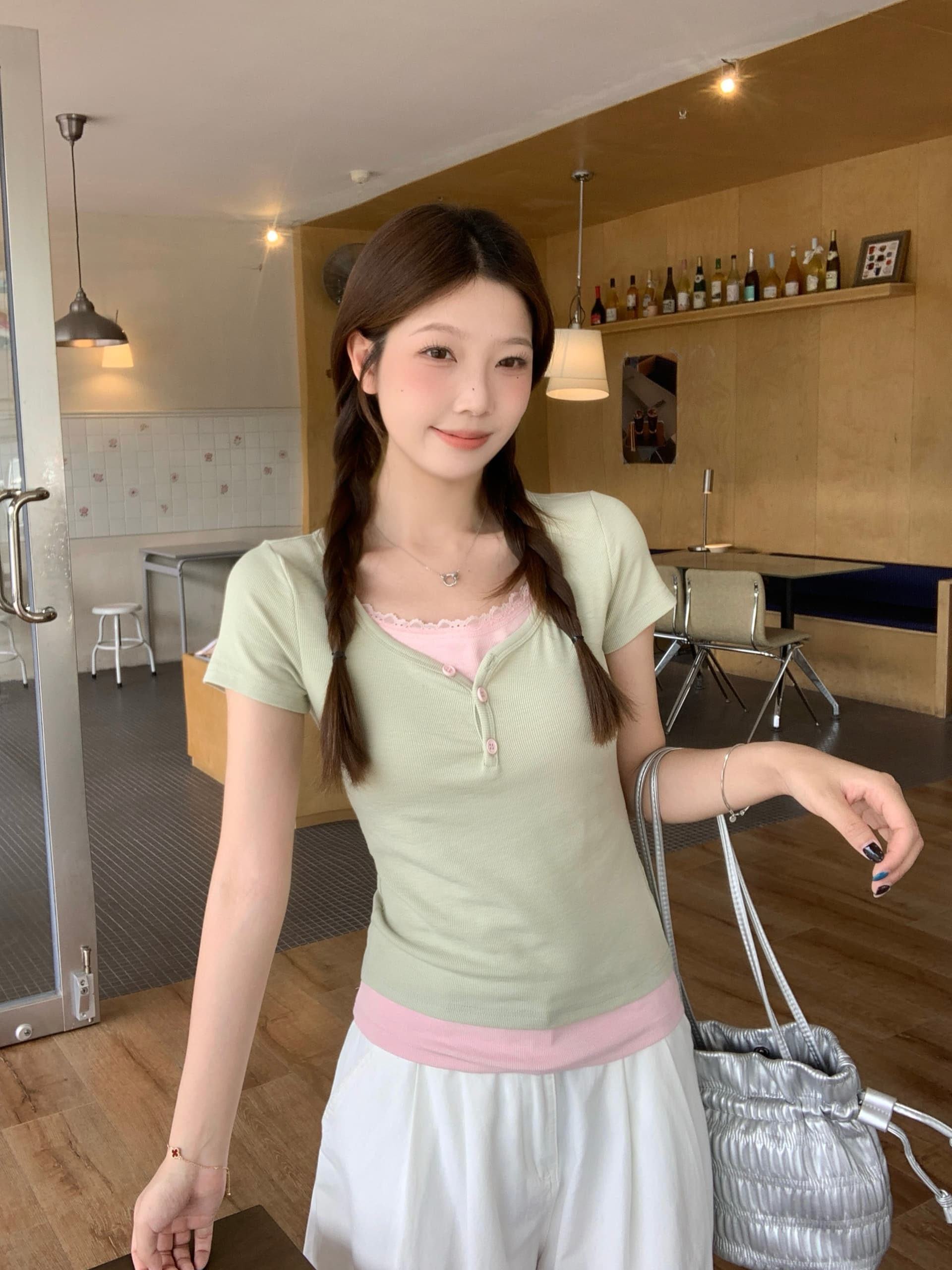 실사 빅 사이즈 여름 새로운 순수한 욕망 달콤한 핫걸 페이크 레이어드 티셔츠 레이스 레이스 배색 몸매 가꾸기 슬림해 보이는 맨위 상세 이미지 4