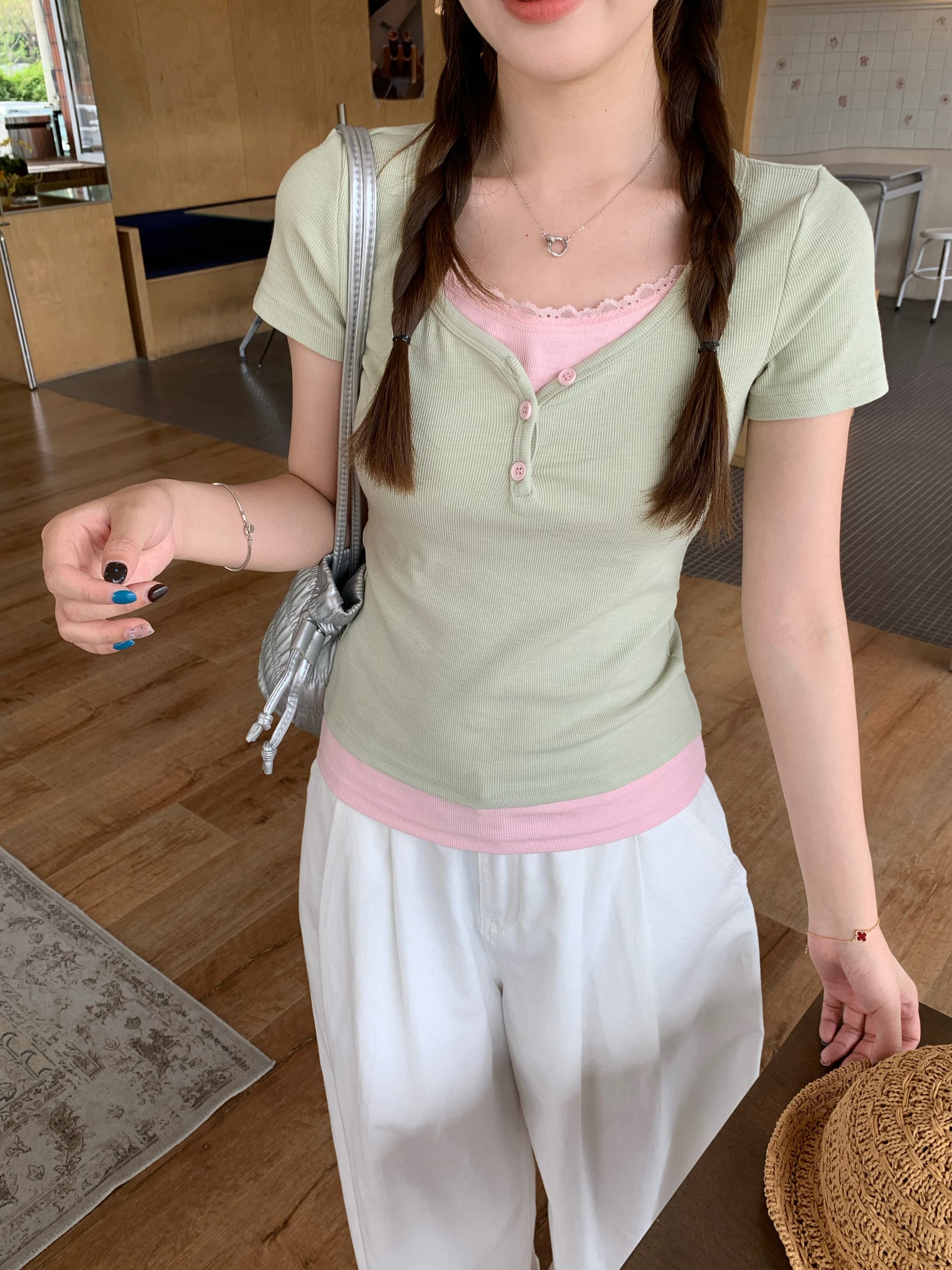 실사 빅 사이즈 여름 새로운 순수한 욕망 달콤한 핫걸 페이크 레이어드 티셔츠 레이스 레이스 배색 몸매 가꾸기 슬림해 보이는 맨위 상세 이미지 5