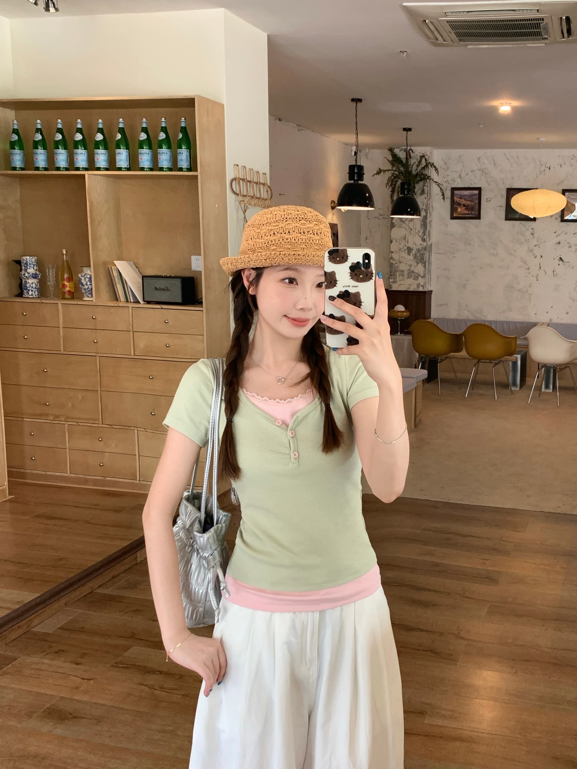 실사 빅 사이즈 여름 새로운 순수한 욕망 달콤한 핫걸 페이크 레이어드 티셔츠 레이스 레이스 배색 몸매 가꾸기 슬림해 보이는 맨위 상세 이미지 6