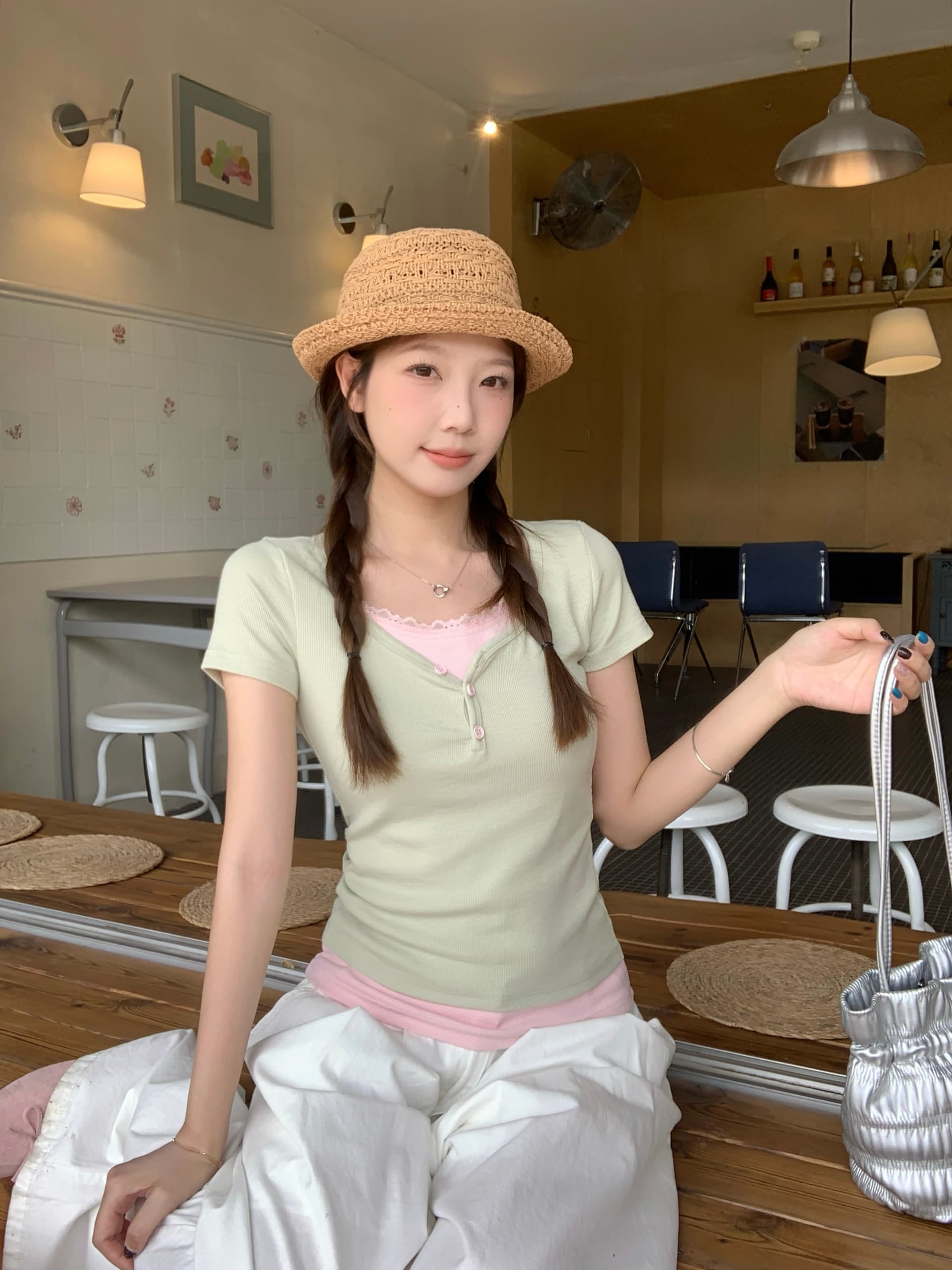 실사 빅 사이즈 여름 새로운 순수한 욕망 달콤한 핫걸 페이크 레이어드 티셔츠 레이스 레이스 배색 몸매 가꾸기 슬림해 보이는 맨위 상세 이미지 7