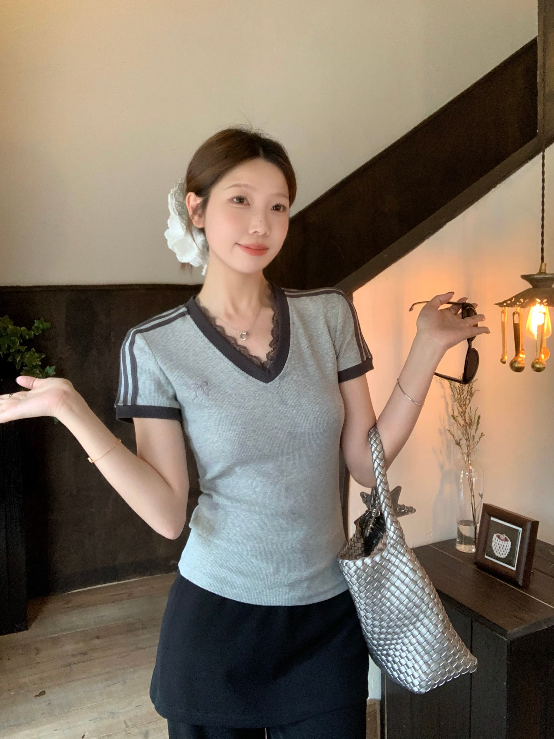 실사 빅 사이즈 여름 새로운 레이스 긍정적 인 어깨 반팔 티셔츠 몸매 가꾸기 슬림해 보이는 아름다운 핫걸 작은 맨위 상세 이미지 4