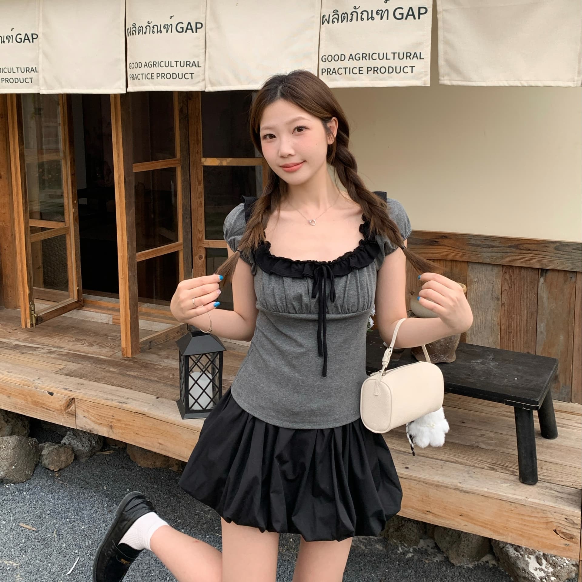 실사 빅 사이즈 여성 의류 여름 새로운 순수한 욕망 달콤한 매운맛 맨위 프릴 패치워크 광장 칼라 슬림해 보이는 다용도 티셔츠 이미지 5