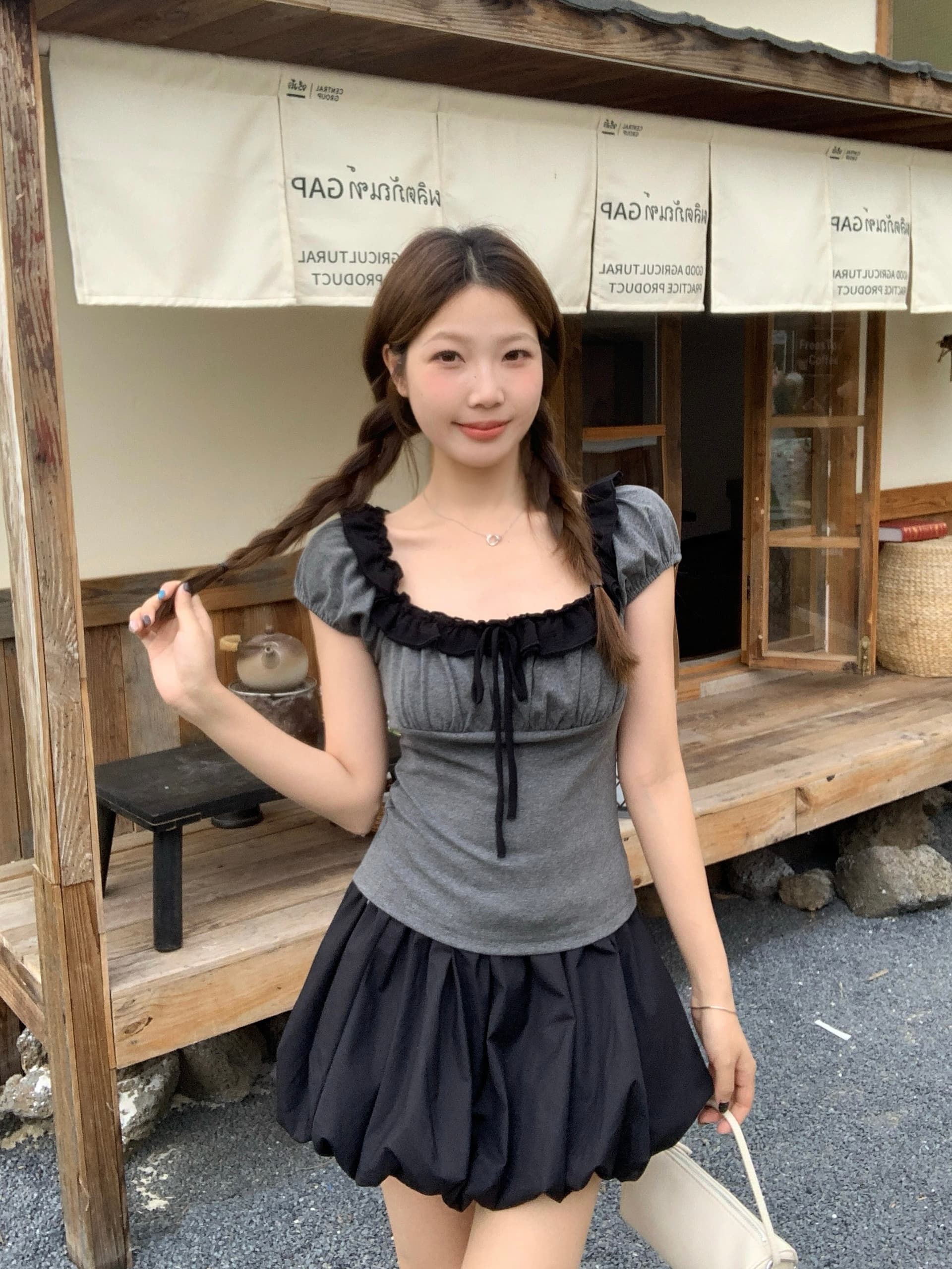 실사 빅 사이즈 여성 의류 여름 새로운 순수한 욕망 달콤한 매운맛 맨위 프릴 패치워크 광장 칼라 슬림해 보이는 다용도 티셔츠 상세 이미지 4