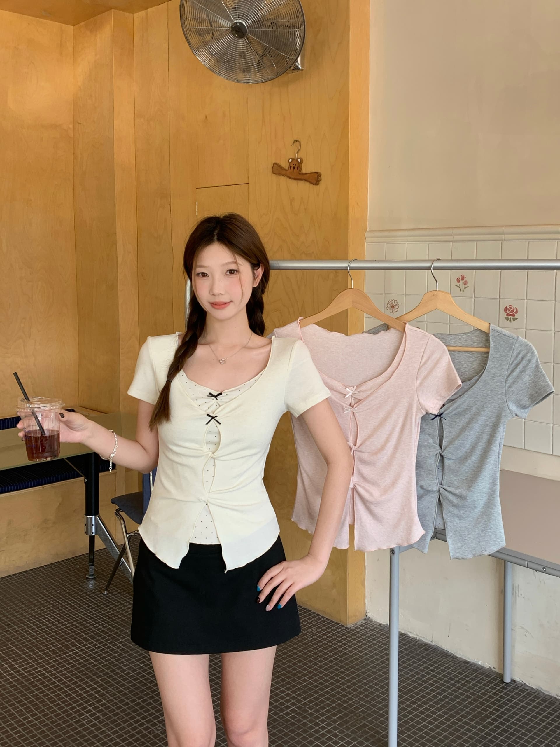 실사 빅 사이즈 지방 mm 여름 새로운 순수한 욕망 달콤한 매운맛 페이크 레이어드 도트 무늬 반팔 나비 매듭 비틀림 티셔츠 맨위 상세 이미지 3
