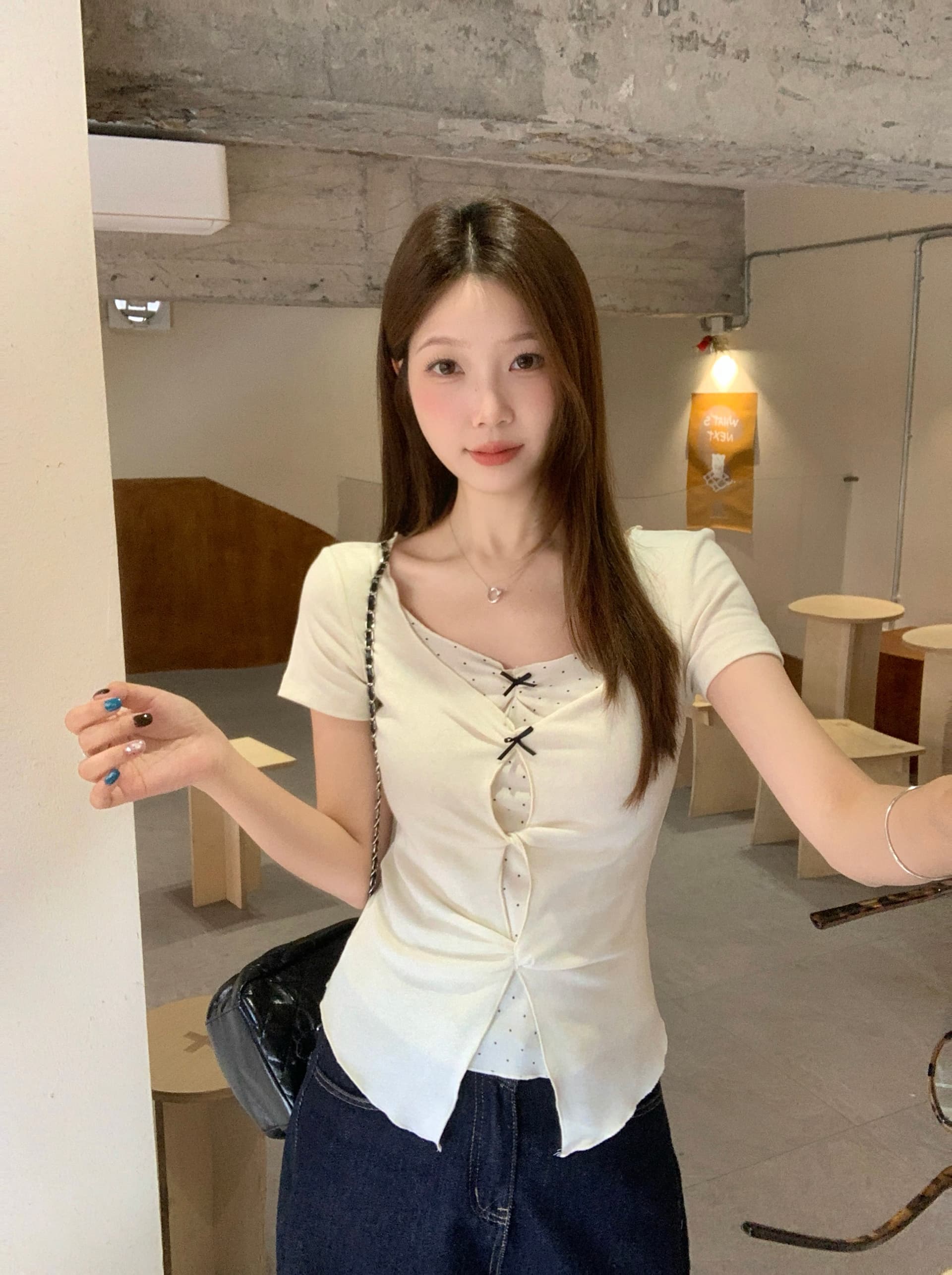 실사 빅 사이즈 지방 mm 여름 새로운 순수한 욕망 달콤한 매운맛 페이크 레이어드 도트 무늬 반팔 나비 매듭 비틀림 티셔츠 맨위 상세 이미지 6