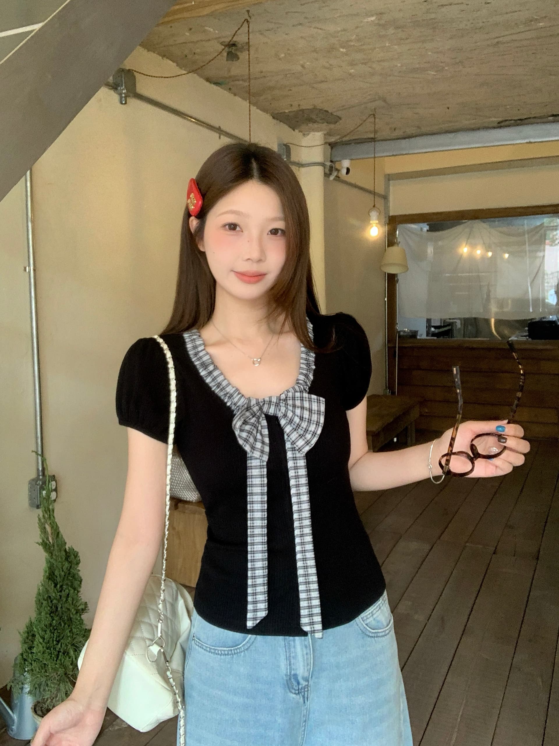실사 빅 사이즈 여름 새로운 디자인 센스 학원 스타일 패치워크 나비 매듭 맨위 허리 수축 몸매 가꾸기 슬림해 보이는 티셔츠 이미지 2
