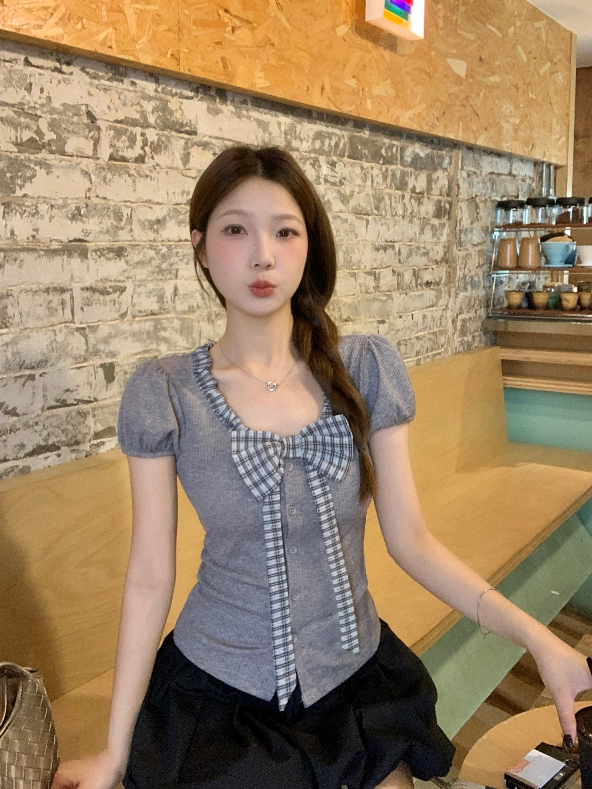 실사 빅 사이즈 여름 새로운 디자인 센스 학원 스타일 패치워크 나비 매듭 맨위 허리 수축 몸매 가꾸기 슬림해 보이는 티셔츠