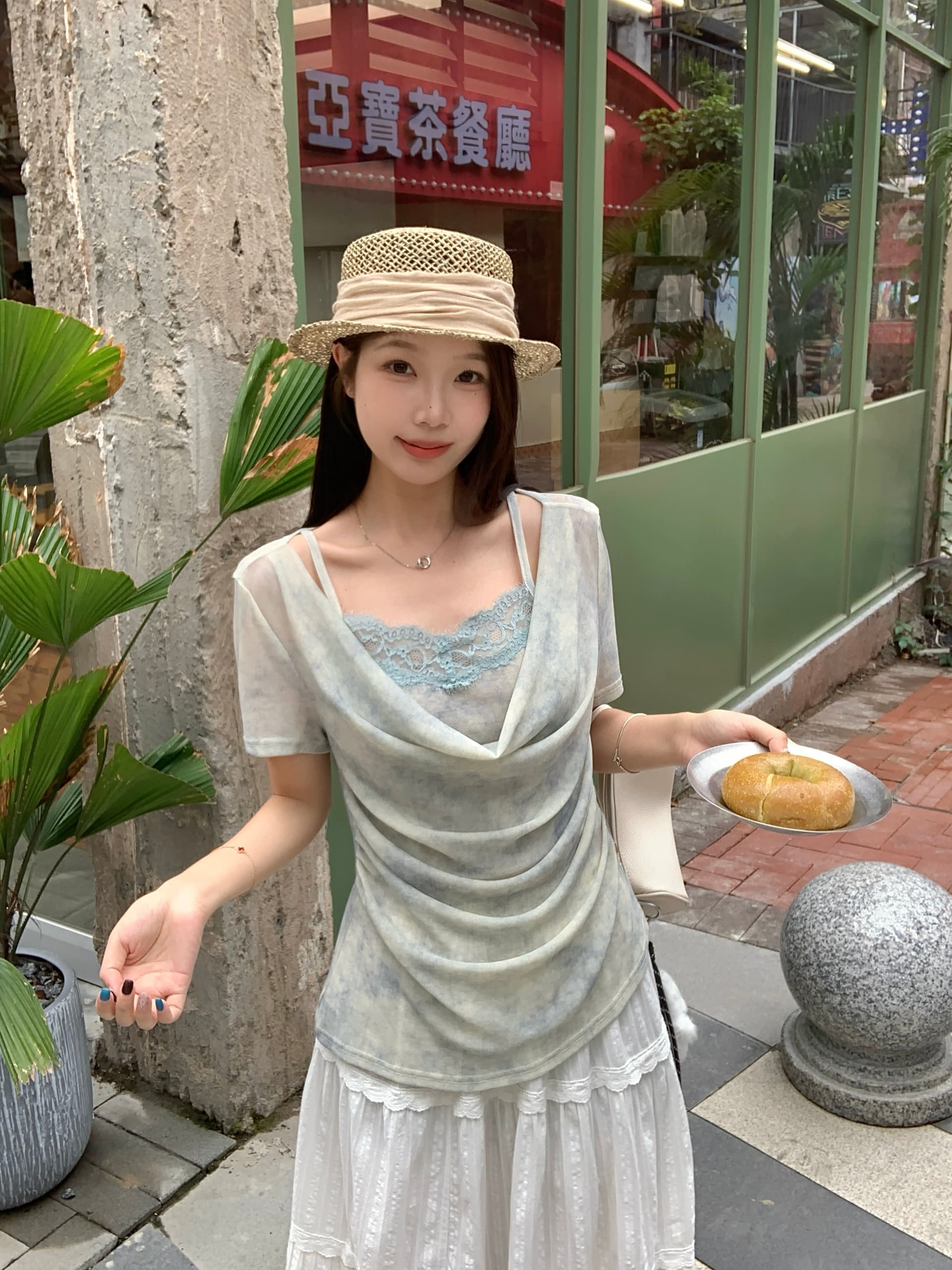 실사 빅 사이즈 여성 의류 여름 새로운 한 부서 디자인 센스 페이크 레이어드 흔들다 칼라 반팔 몸매 가꾸기 슬림해 보이는 맨위 상세 이미지 5