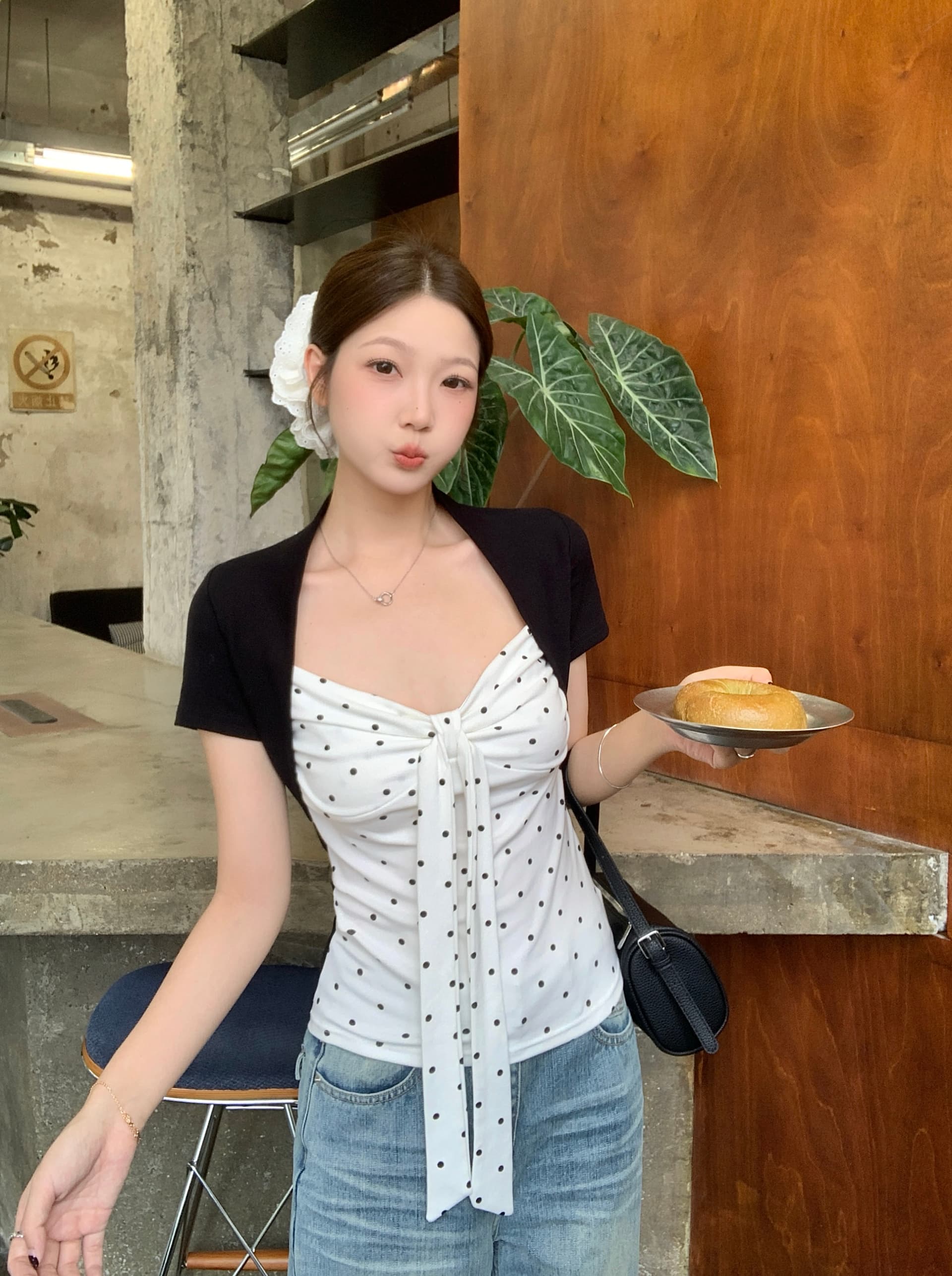 실사 빅 사이즈 통통한 여동생 여름 새로운 페이크 레이어드 V넥 도트 무늬 패치워크 반팔 티셔츠 몸매 가꾸기 순수한 욕망 맨위 상세 이미지 3