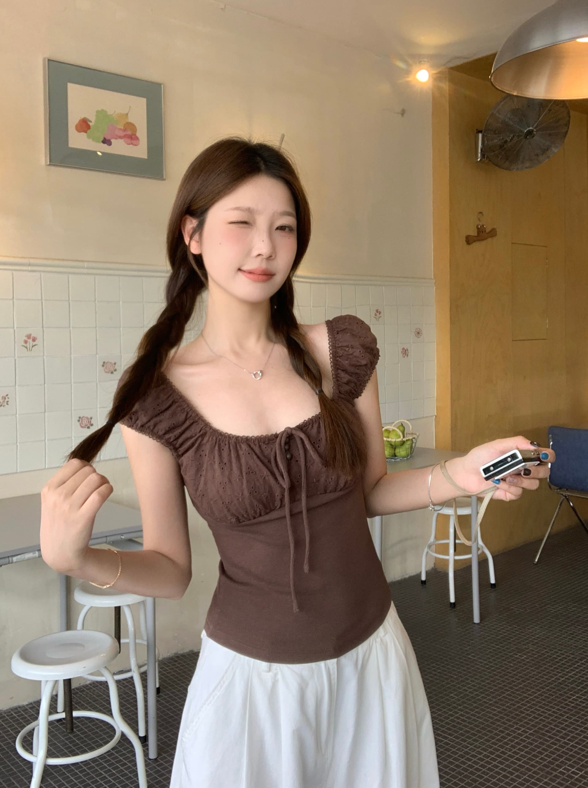 실사 빅 사이즈 지방 mm 여름 새로운 순수한 욕망 바람 홀로우 아웃 자수 패치워크 반팔 달콤한 매운맛 몸매 가꾸기 슬림해 보이는 맨위 이미지 2