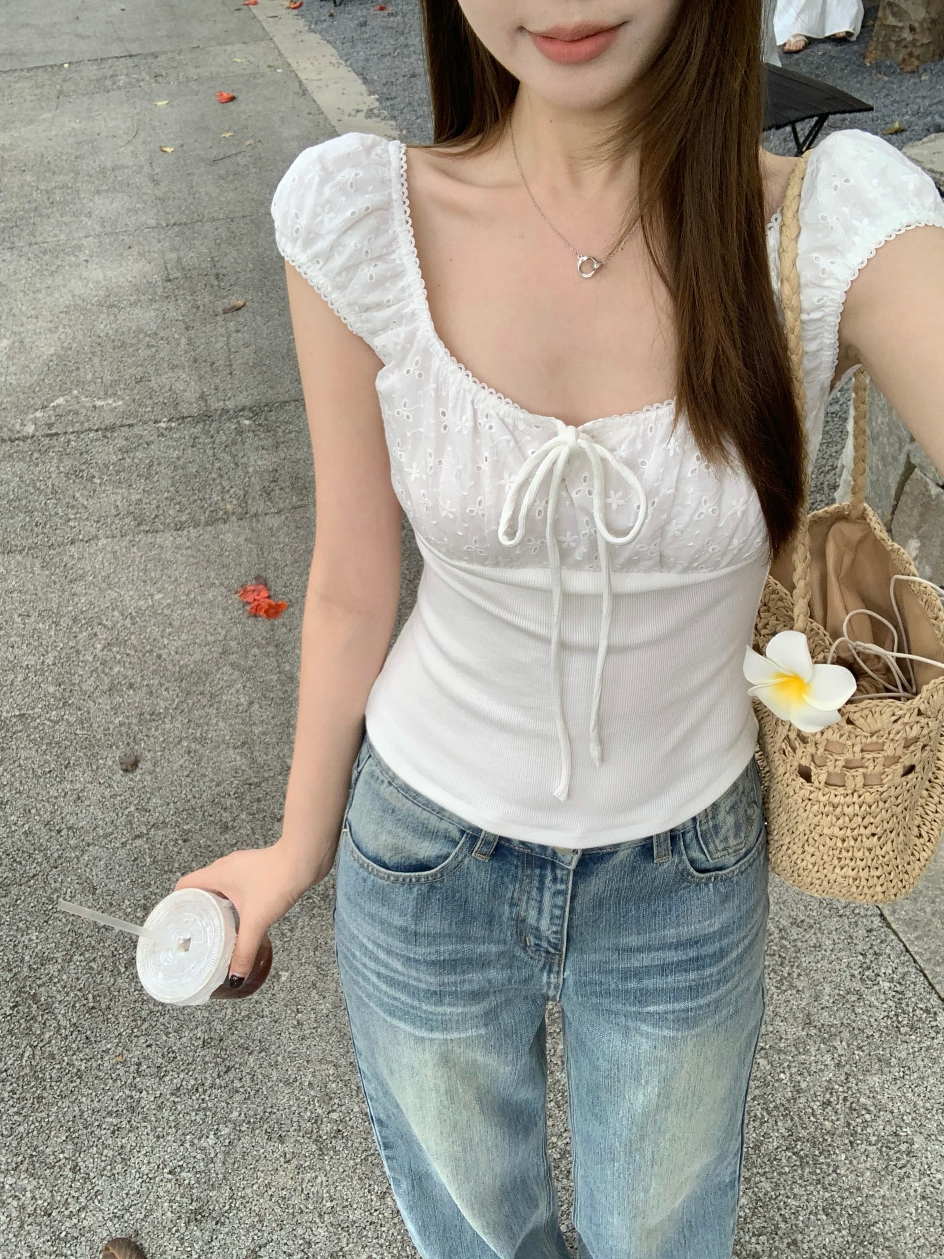 실사 빅 사이즈 지방 mm 여름 새로운 순수한 욕망 바람 홀로우 아웃 자수 패치워크 반팔 달콤한 매운맛 몸매 가꾸기 슬림해 보이는 맨위 상세 이미지 2