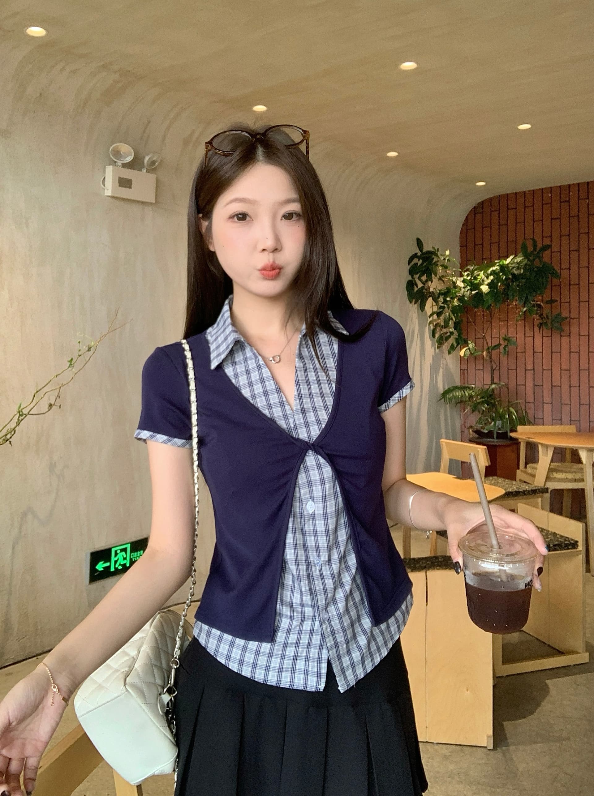 실사 빅 사이즈 여름 새로운 한 부서 학원 스타일 배색 패치워크 체크무늬 페이크 레이어드 긍정적 인 어깨 의류 반팔 상세 이미지 2