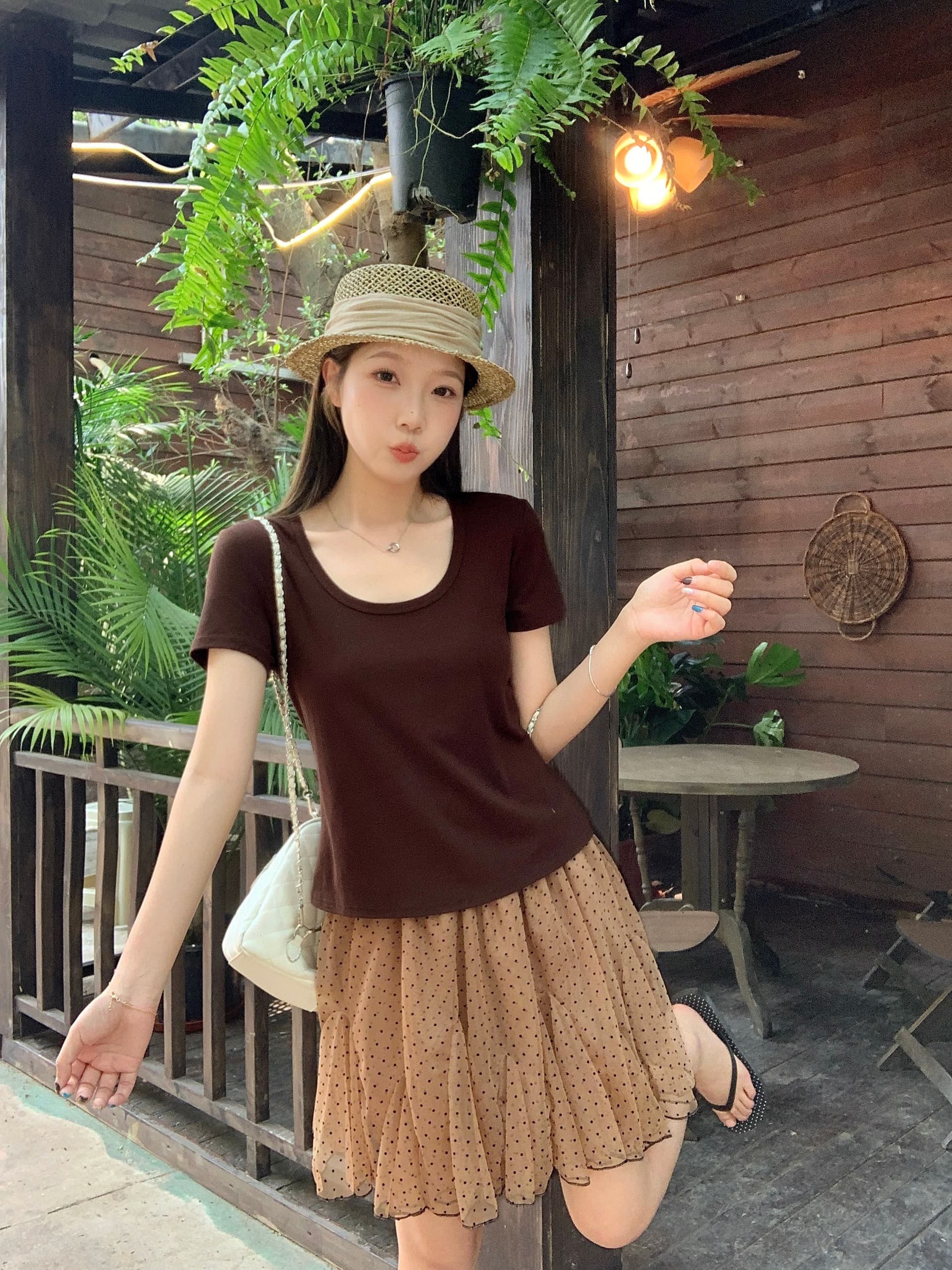 실사 빅 사이즈 지방 mm 여름 새로운 커피 색상 대 u 칼라 긍정적 인 어깨 슬림해 보이는 반팔 도트 무늬 망사 퍼프 치마 세트 상세 이미지 8