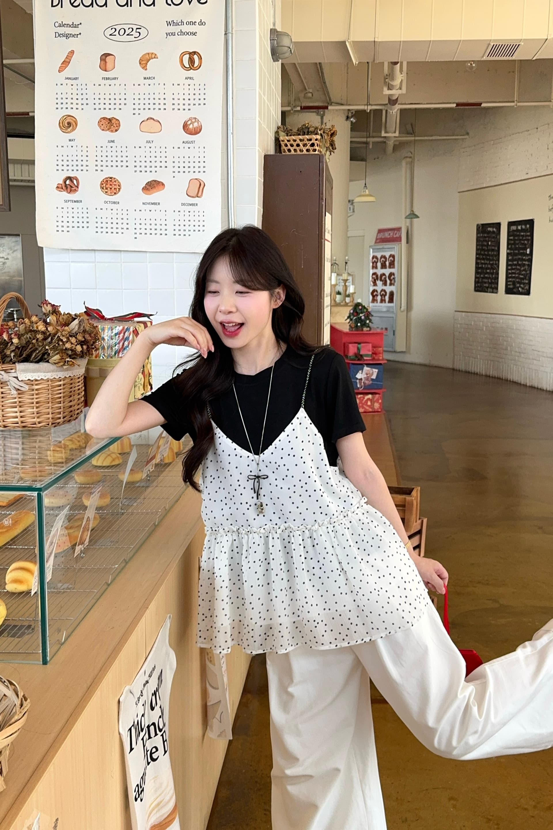 실사 빅 사이즈 여름 새로운 한 부서 달콤함 도트 무늬 캐미솔 반팔 티셔츠 다용도 스택 착용 투피스 세트 이미지 6