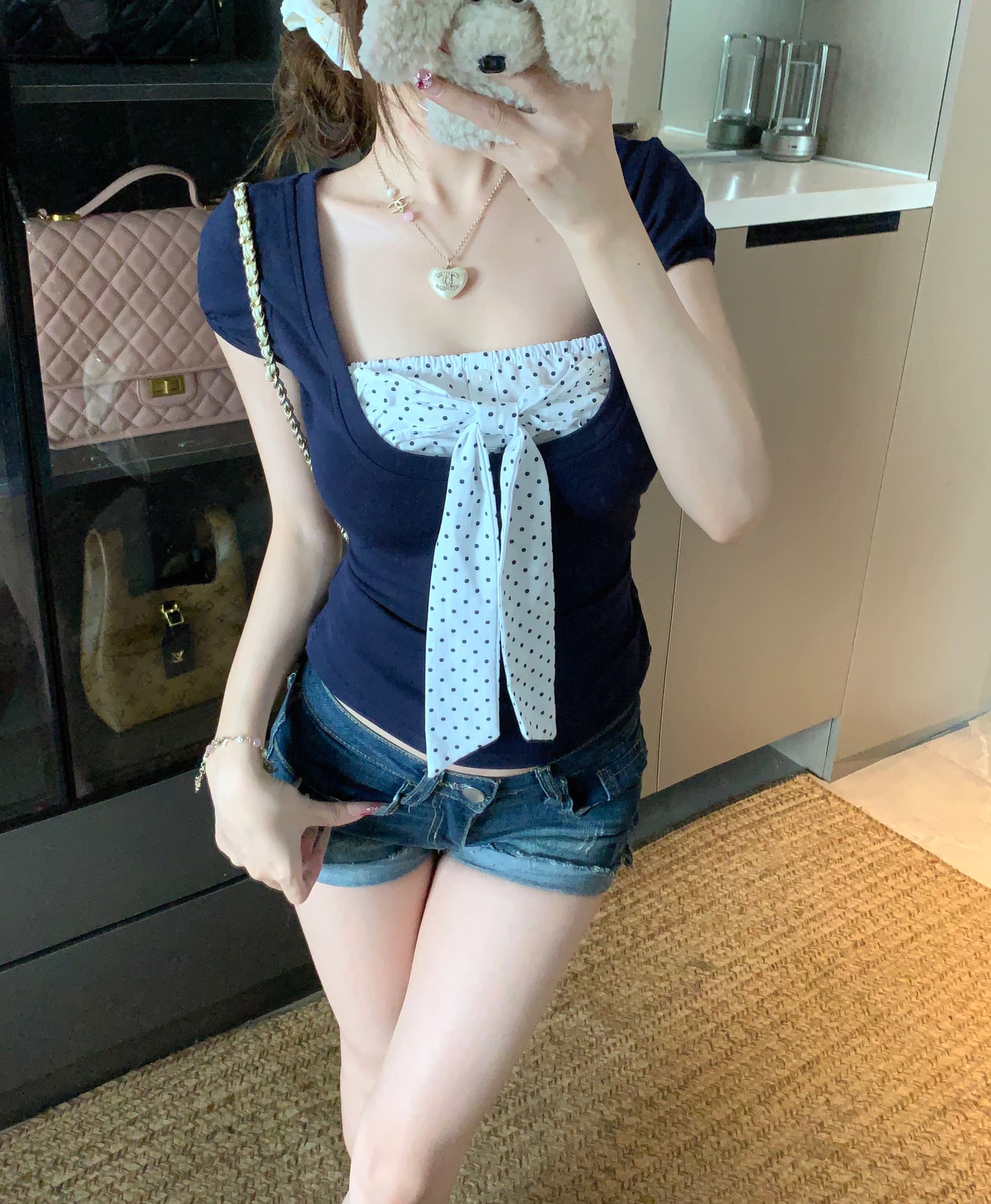 실사 빅 사이즈 지방 mm 여름 새로운 배색 페이크 레이어드 광장 칼라 반팔 티셔츠 도트 무늬 나비 매듭 슬림해 보이는 맨위 상세 이미지 3