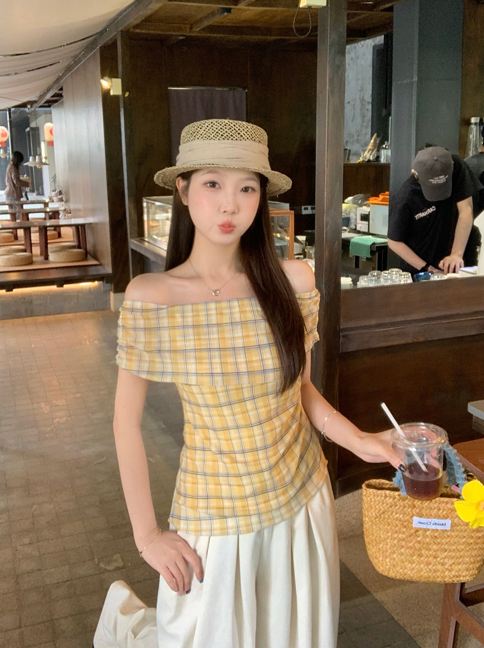 실사 빅 사이즈 통통한 여동생 여름 새로운 황색 체크무늬 오프숄더 튜브탑 티셔츠 몸매 가꾸기 슬림해 보이는 다용도 맨위 상세 이미지 8