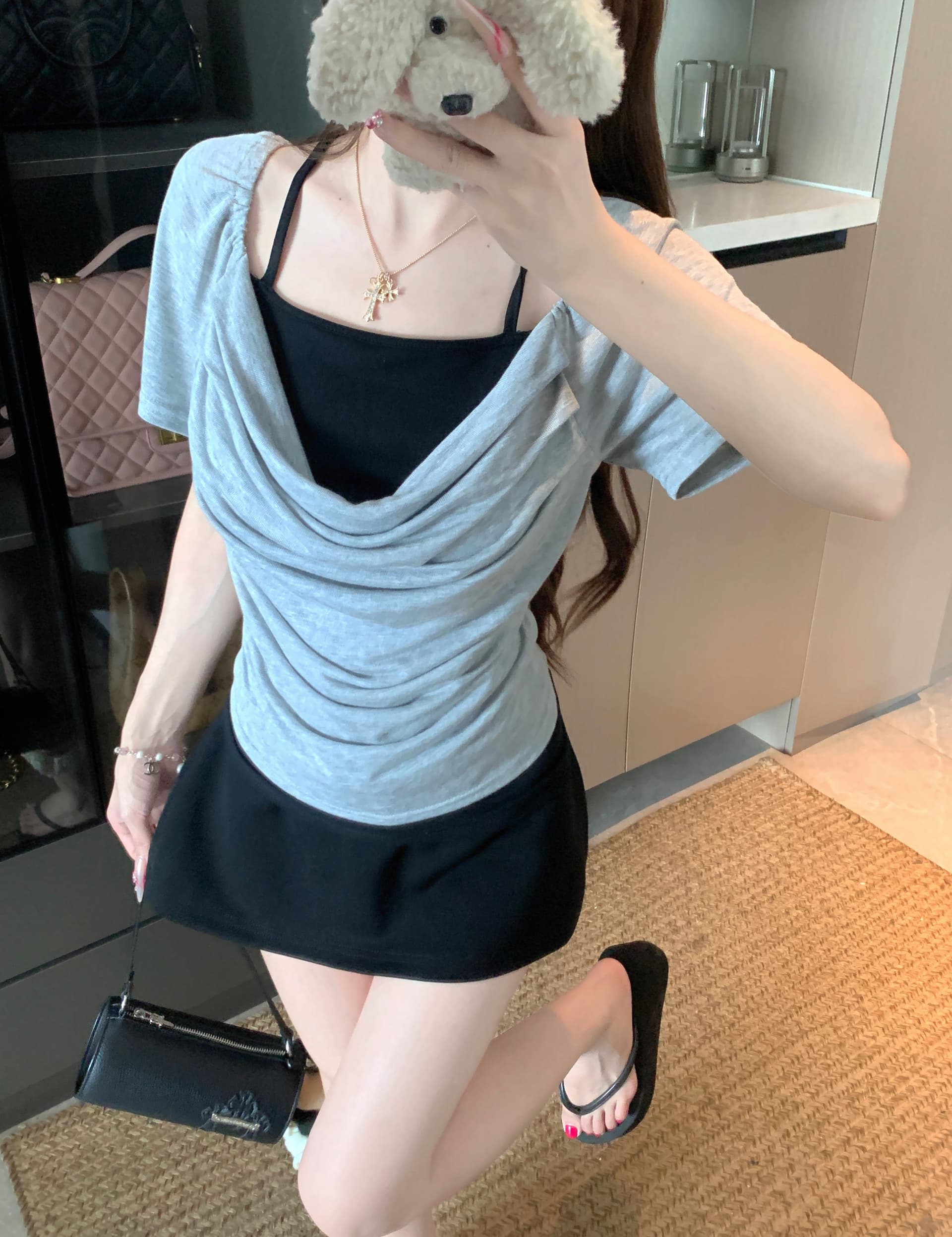 실사 빅 사이즈 통통한 여동생 여름 새로운 순수한 욕망 바람 수 있습니다. 둘 착용 행침 목 오프숄더 몸매 가꾸기 슬림해 보이는 품격 세트 이미지 3