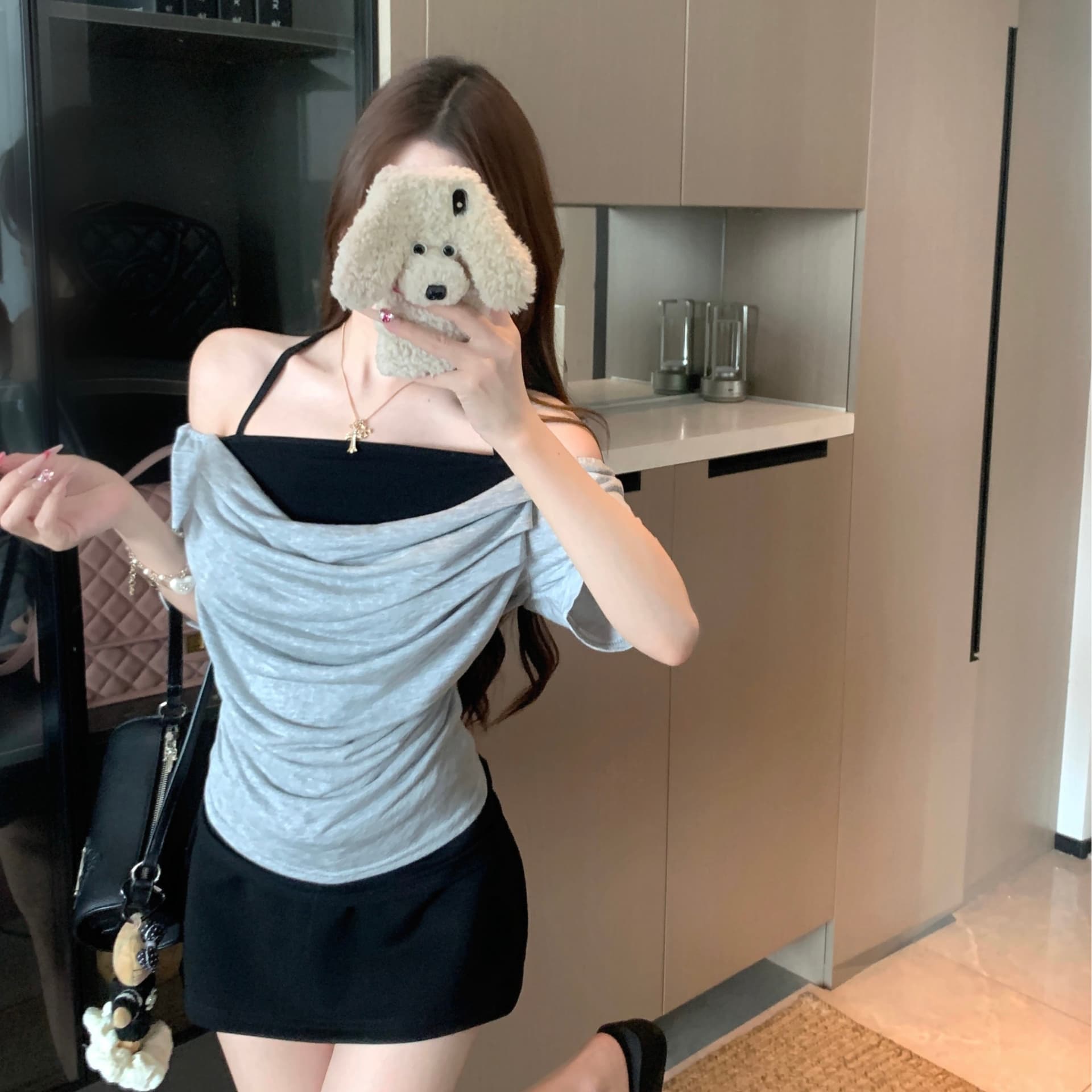 실사 빅 사이즈 통통한 여동생 여름 새로운 순수한 욕망 바람 수 있습니다. 둘 착용 행침 목 오프숄더 몸매 가꾸기 슬림해 보이는 품격 세트 이미지 5