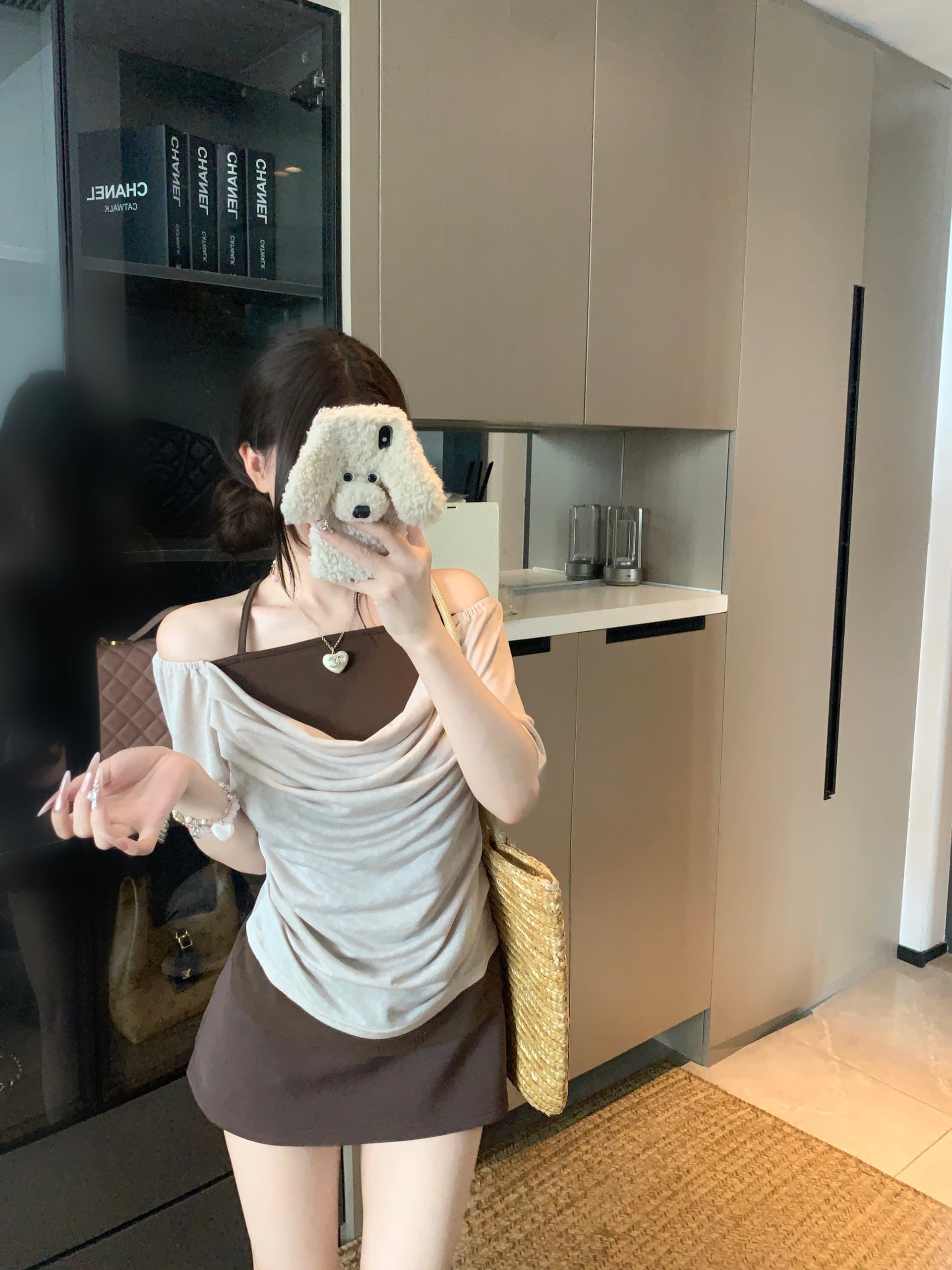 실사 빅 사이즈 통통한 여동생 여름 새로운 순수한 욕망 바람 수 있습니다. 둘 착용 행침 목 오프숄더 몸매 가꾸기 슬림해 보이는 품격 세트 상세 이미지 4