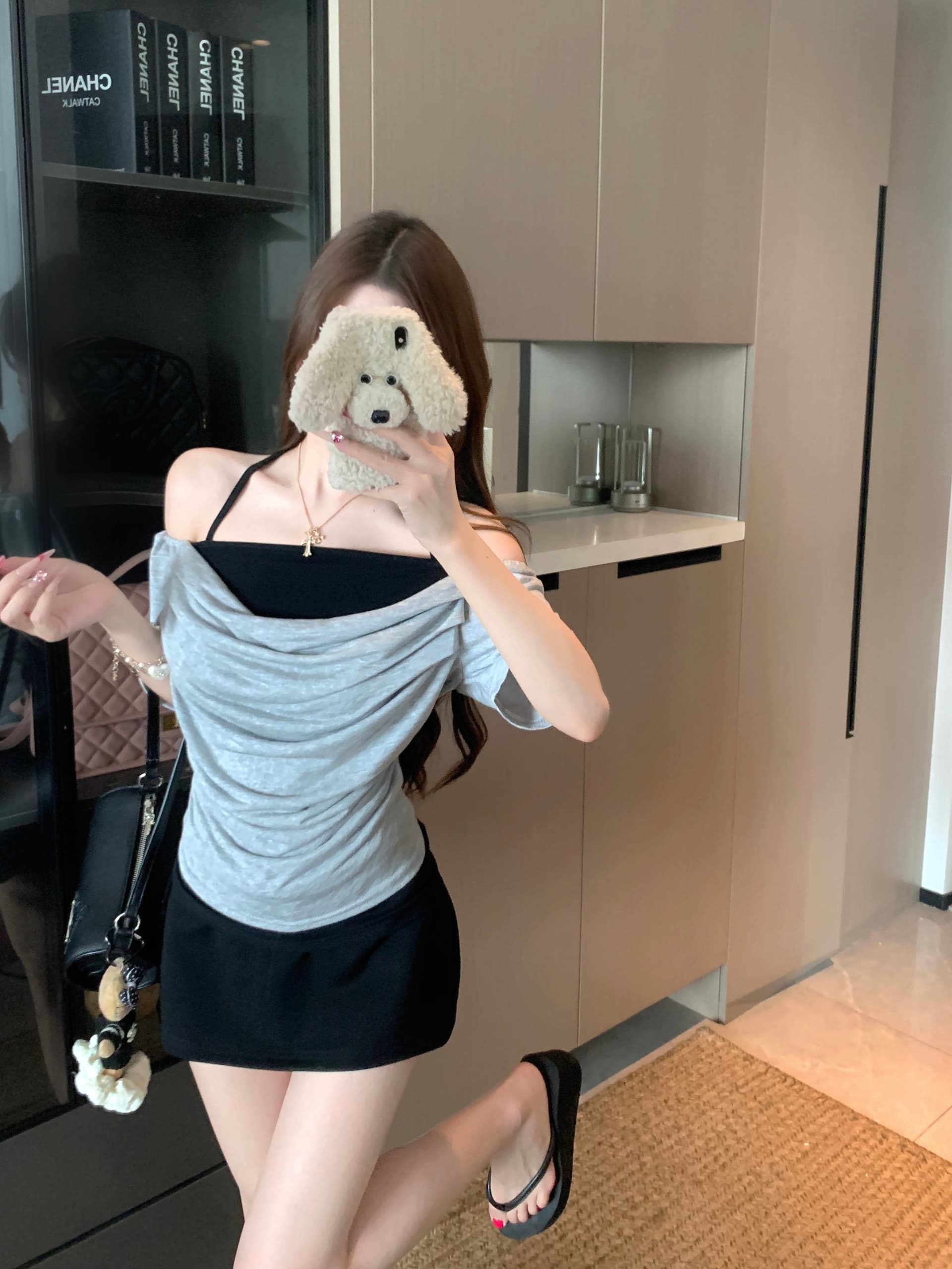 실사 빅 사이즈 통통한 여동생 여름 새로운 순수한 욕망 바람 수 있습니다. 둘 착용 행침 목 오프숄더 몸매 가꾸기 슬림해 보이는 품격 세트 상세 이미지 8