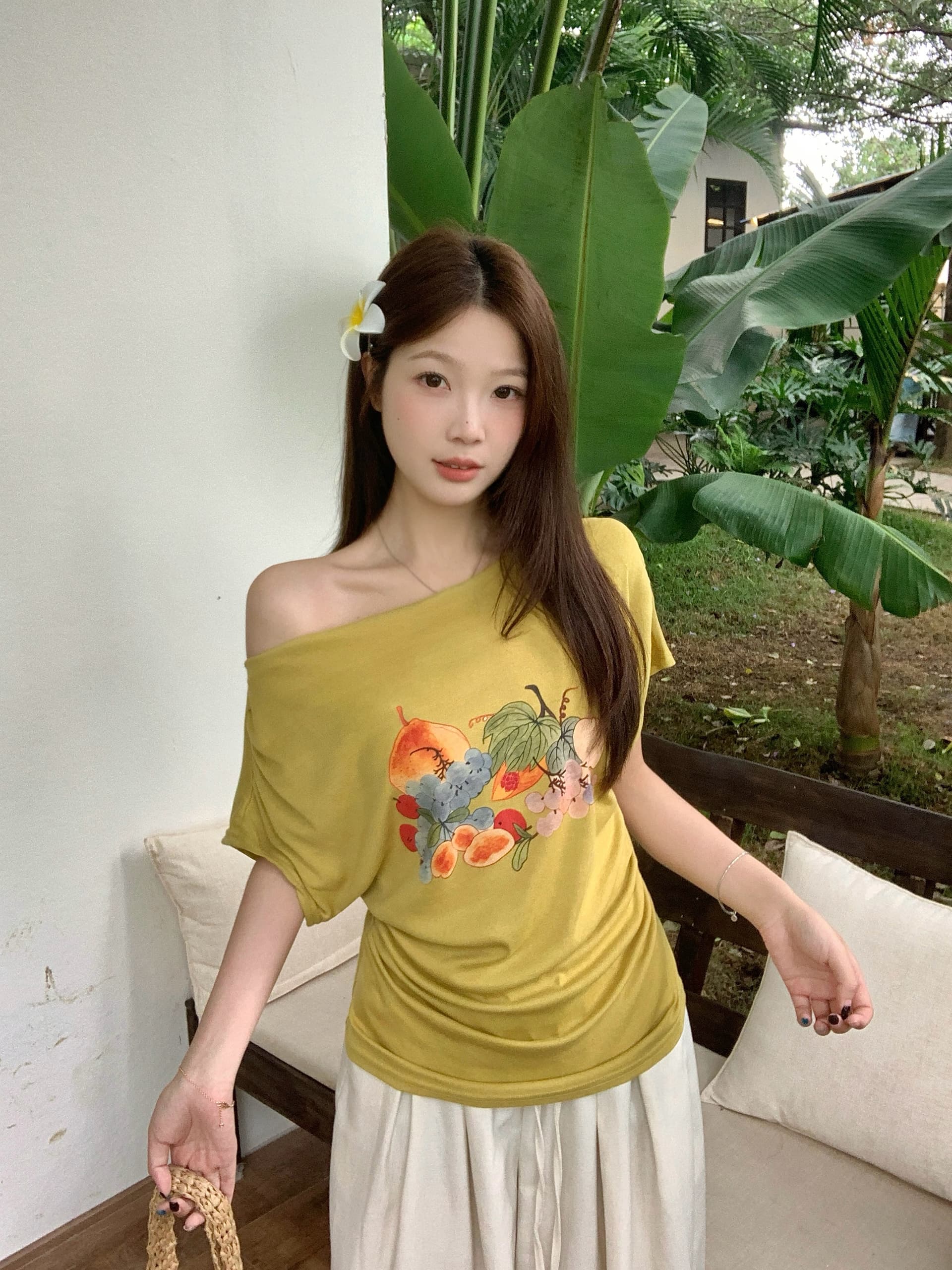 실사 빅 사이즈 지방 mm 여름 새로운 한 부서 느슨함 센스 과일 프린트 반팔 티셔츠 오프숄더 슬림해 보이는 맨위 상세 이미지 10