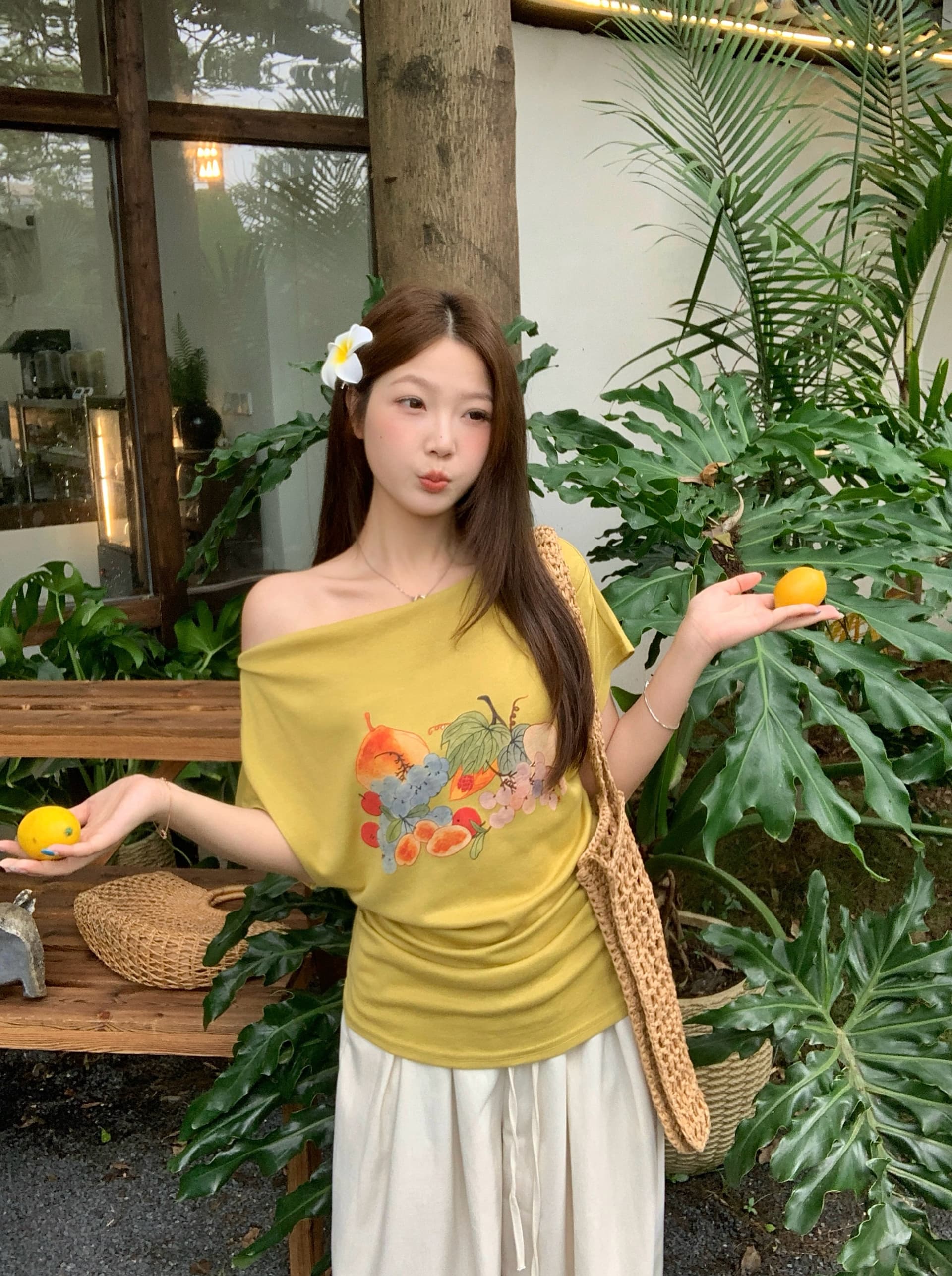 실사 빅 사이즈 지방 mm 여름 새로운 한 부서 느슨함 센스 과일 프린트 반팔 티셔츠 오프숄더 슬림해 보이는 맨위 상세 이미지 11
