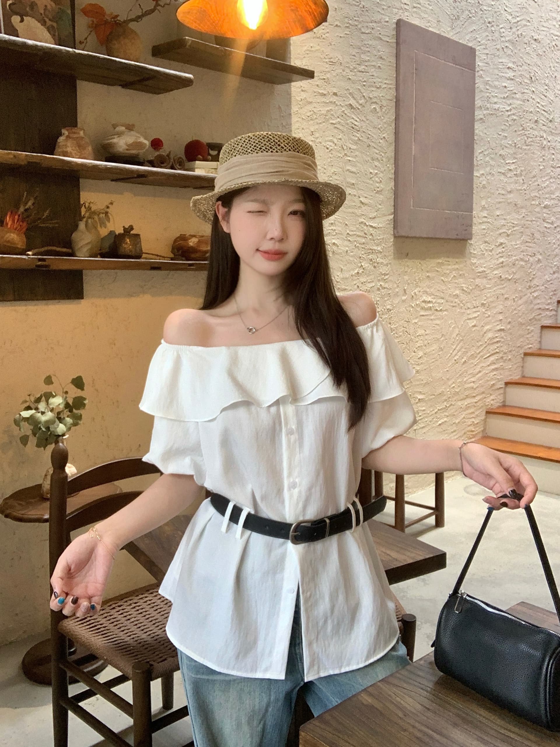 실사 빅 사이즈 여성 의류 여름 새로운 한 부서 달콤함 보트넥 허리 수축 슬림해 보이는 품격 셔츠 다용도 맨위 상세 이미지 2