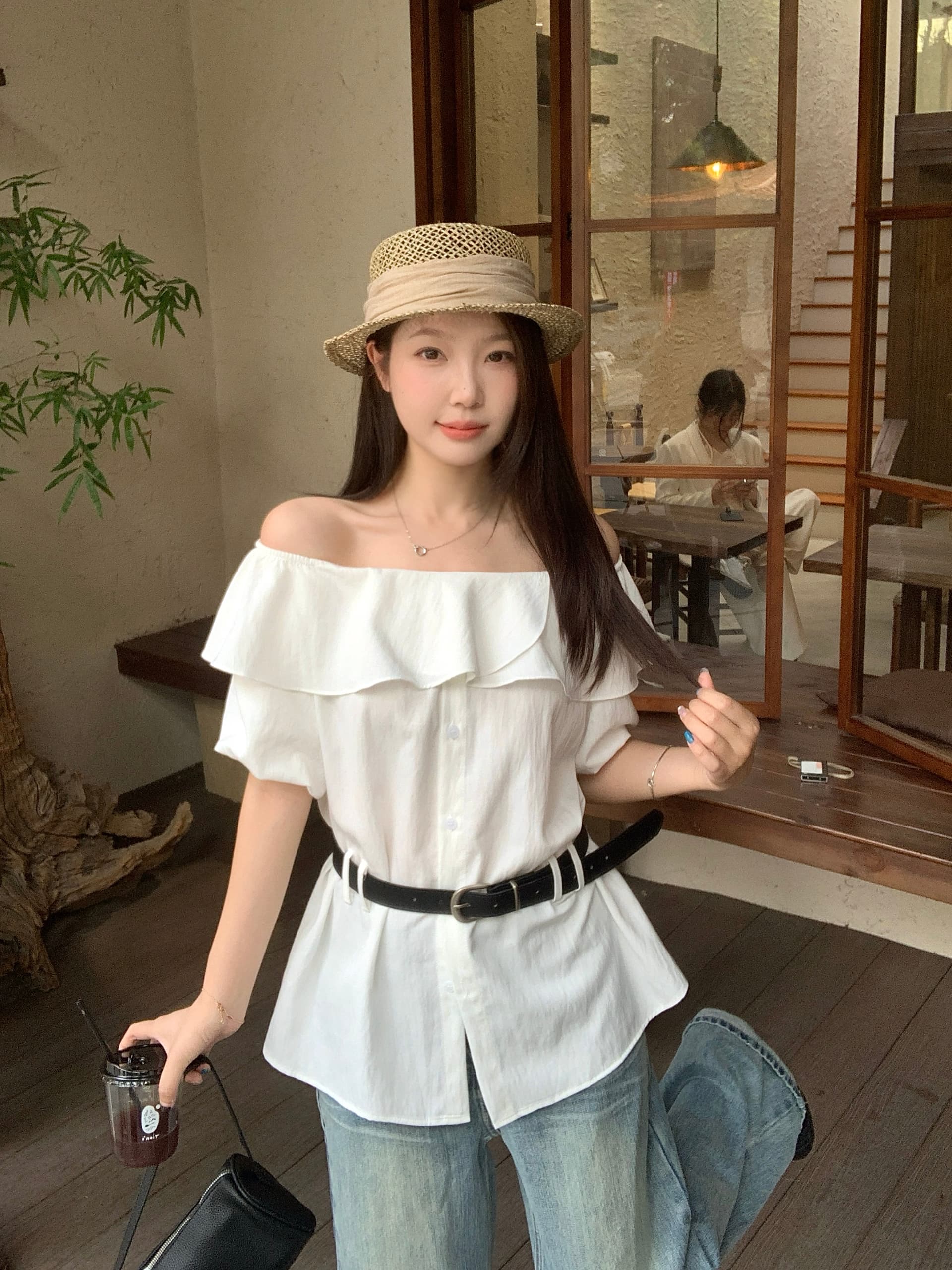 실사 빅 사이즈 여성 의류 여름 새로운 한 부서 달콤함 보트넥 허리 수축 슬림해 보이는 품격 셔츠 다용도 맨위 상세 이미지 4