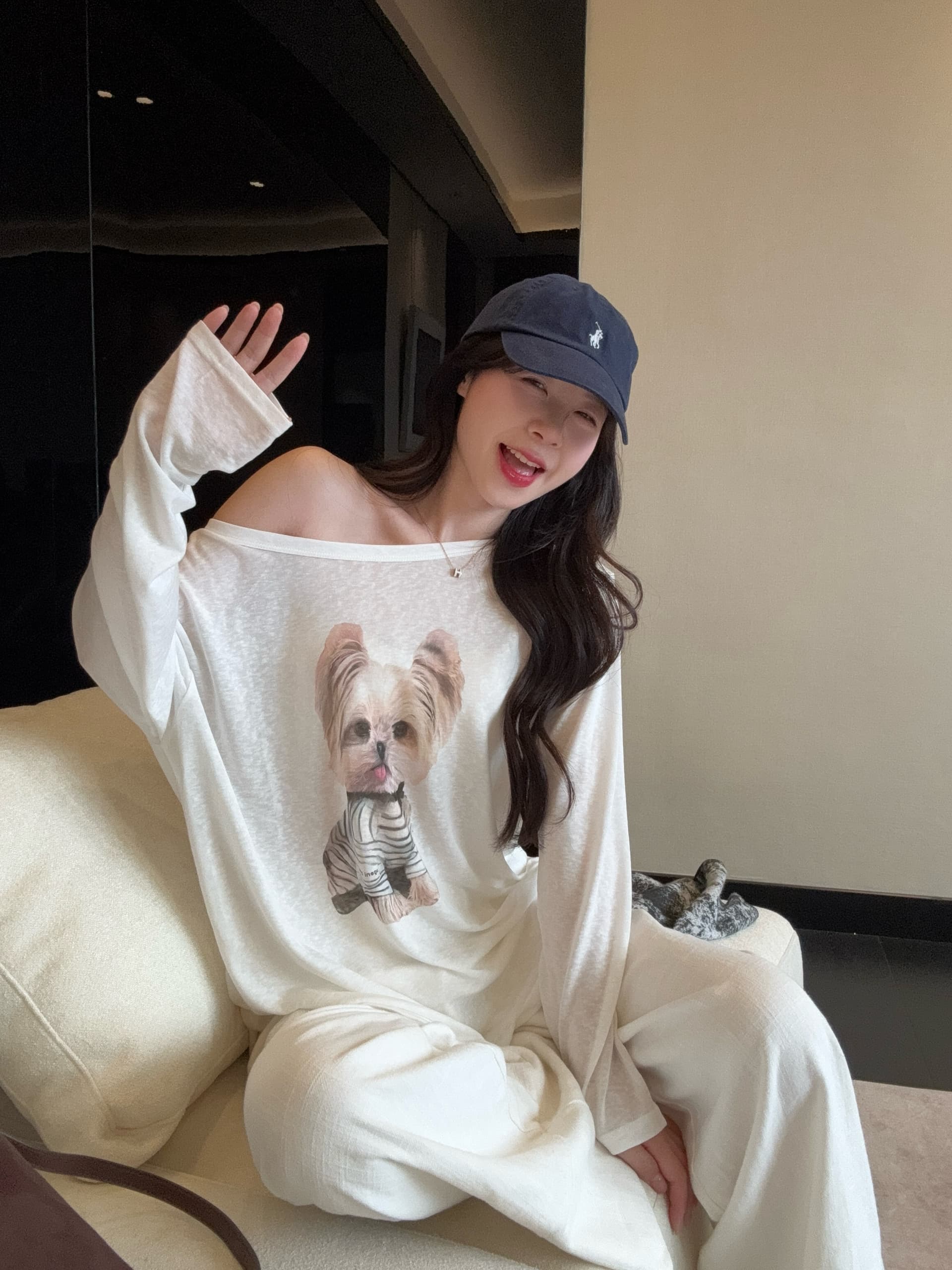 실사 빅 사이즈 한 부서 여름 새로운 귀여운 개 프린트 캐주얼 루즈핏 다용도 비스듬한 어깨 긴팔 자외선 차단 티셔츠 상세 이미지 7