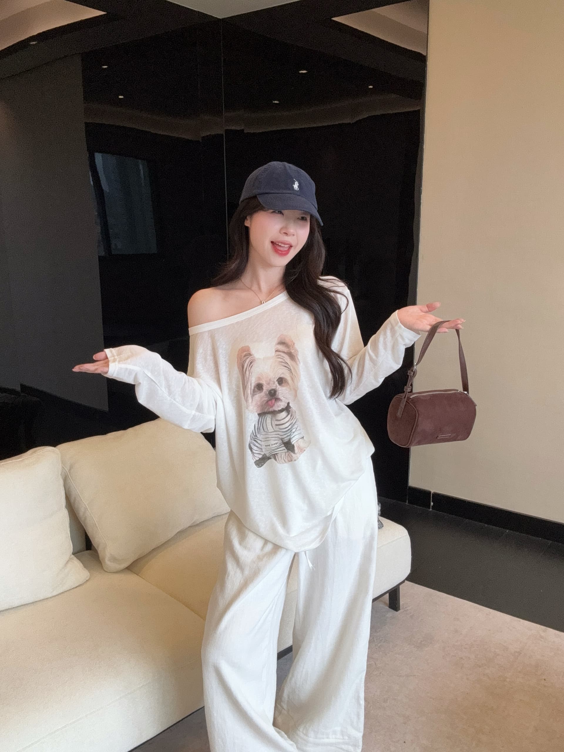 실사 빅 사이즈 한 부서 여름 새로운 귀여운 개 프린트 캐주얼 루즈핏 다용도 비스듬한 어깨 긴팔 자외선 차단 티셔츠 상세 이미지 9