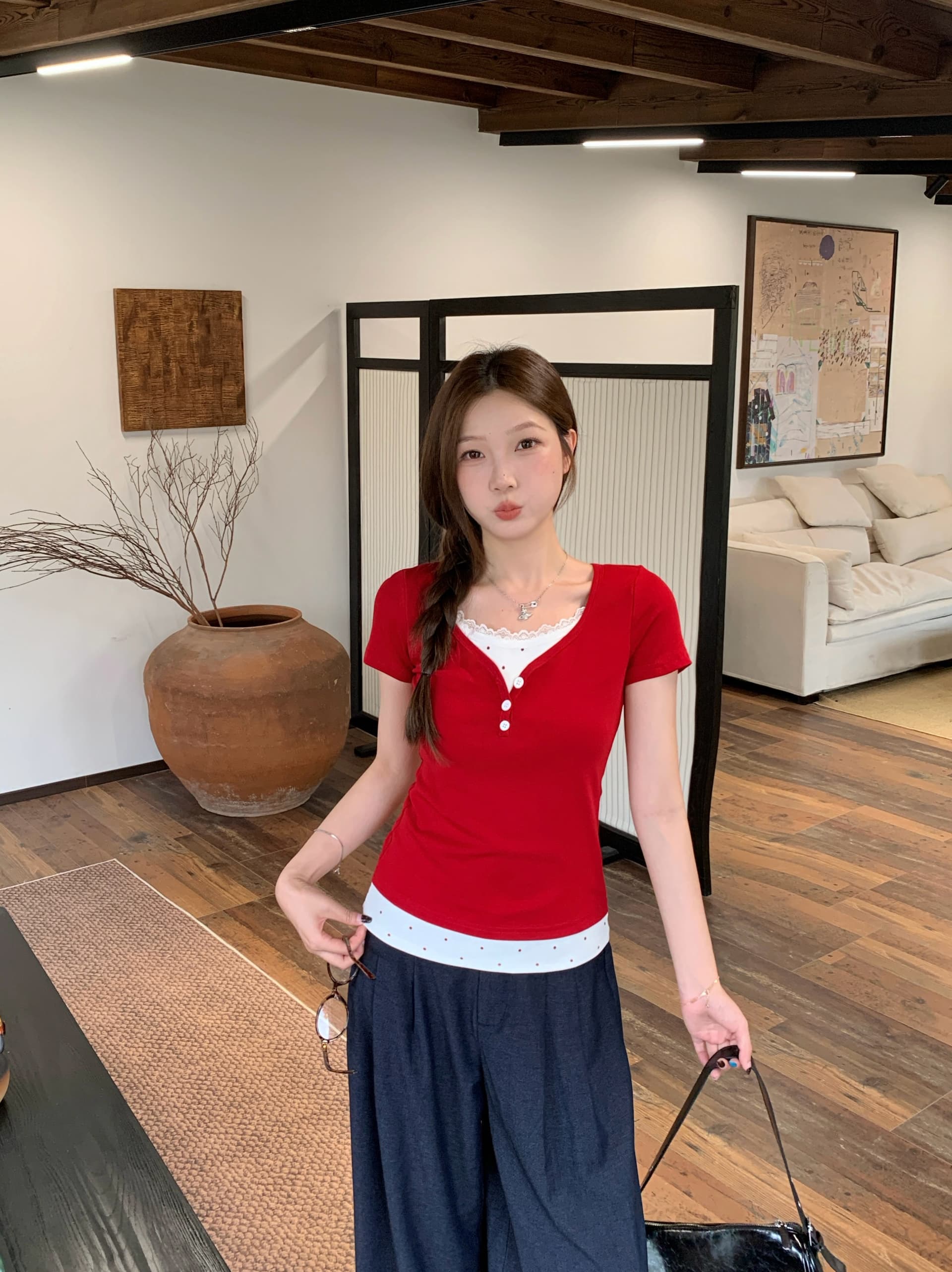 실사 빅 사이즈 통통한 여동생 달콤한 핫걸 페이크 레이어드 레이스 도트 무늬 긍정적 인 어깨 반팔 티셔츠 고급 센스 몸매 가꾸기 맨위 상세 이미지 7