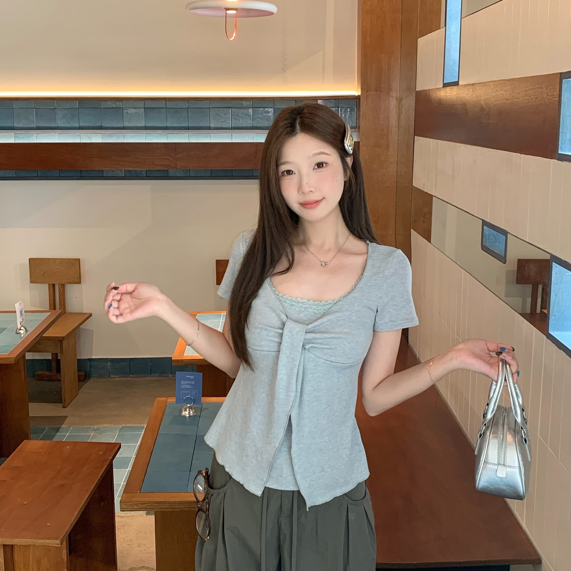 실사 빅 사이즈 지방 mm 여름 새로운 한 부서 달콤한 스타일 레이스 조각 반팔 티셔츠 몸매 가꾸기 슬림해 보이는 맨위 이미지 5