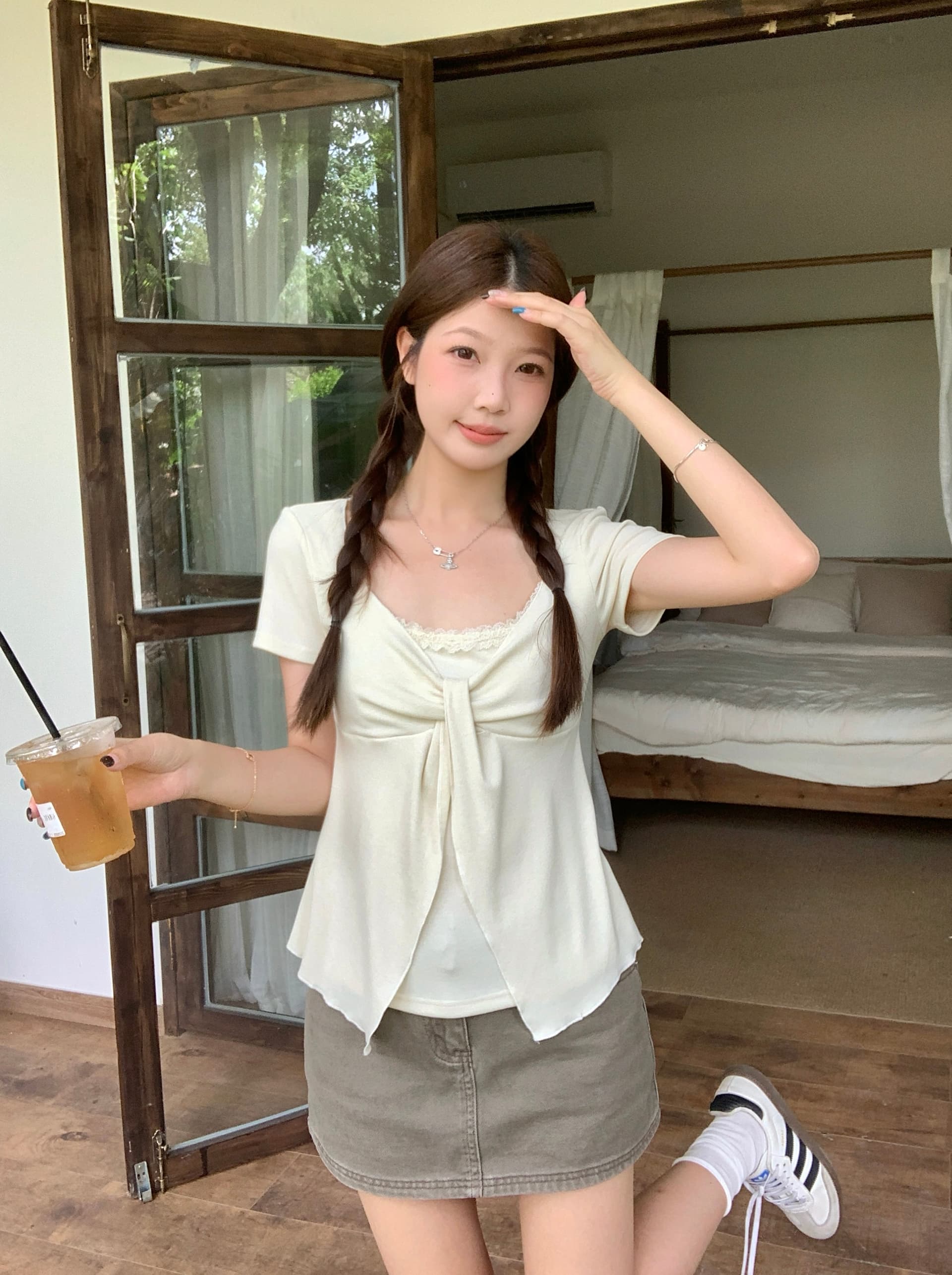 실사 빅 사이즈 지방 mm 여름 새로운 한 부서 달콤한 스타일 레이스 조각 반팔 티셔츠 몸매 가꾸기 슬림해 보이는 맨위 상세 이미지 12