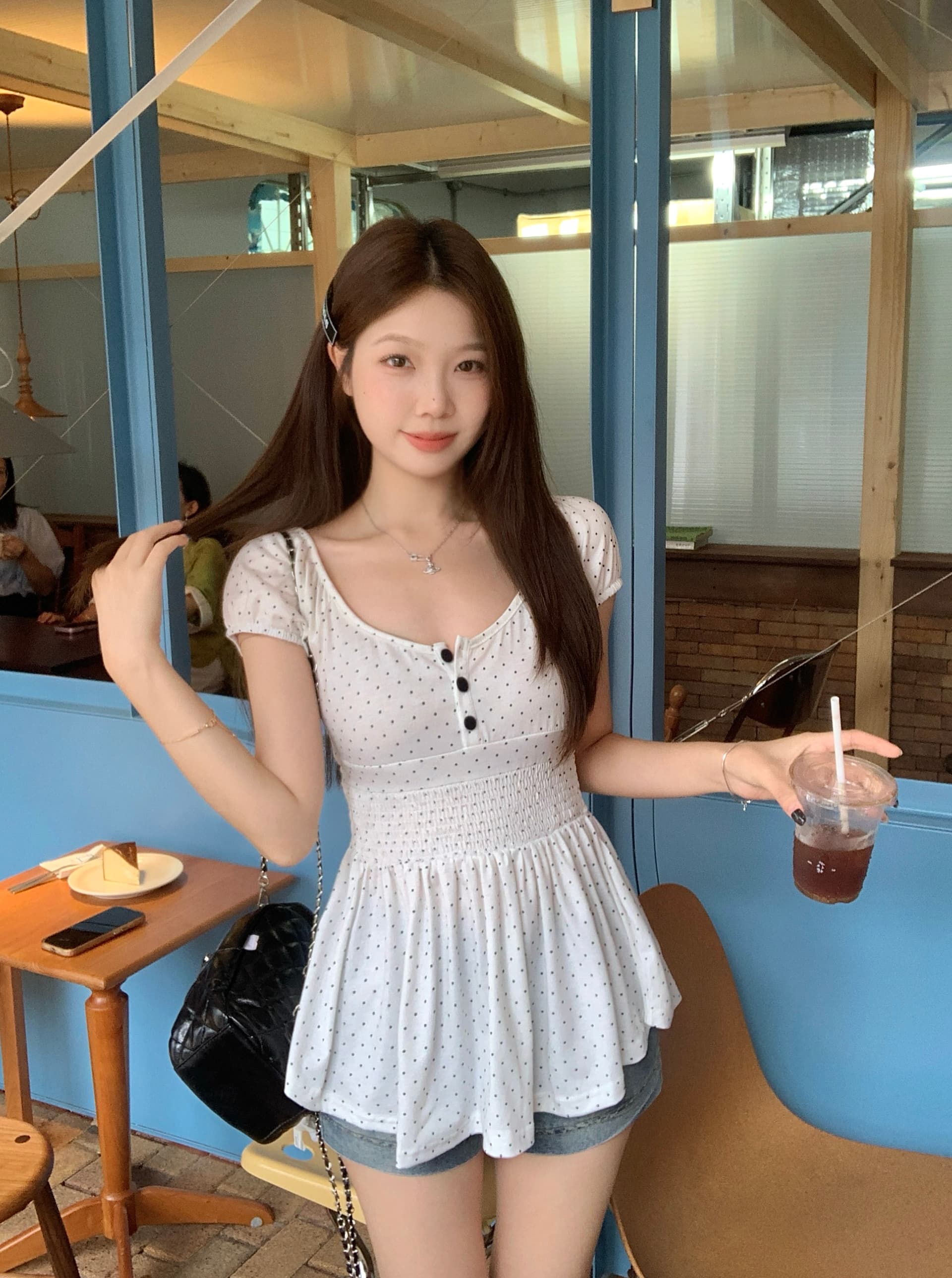 실사 빅 사이즈 지방 mm 한 부서 달콤함 소녀 바람 도트 무늬 광장 칼라 허리 수축 슬림해 보이는 진자 반팔 인형 셔츠 맨위 상세 이미지 4