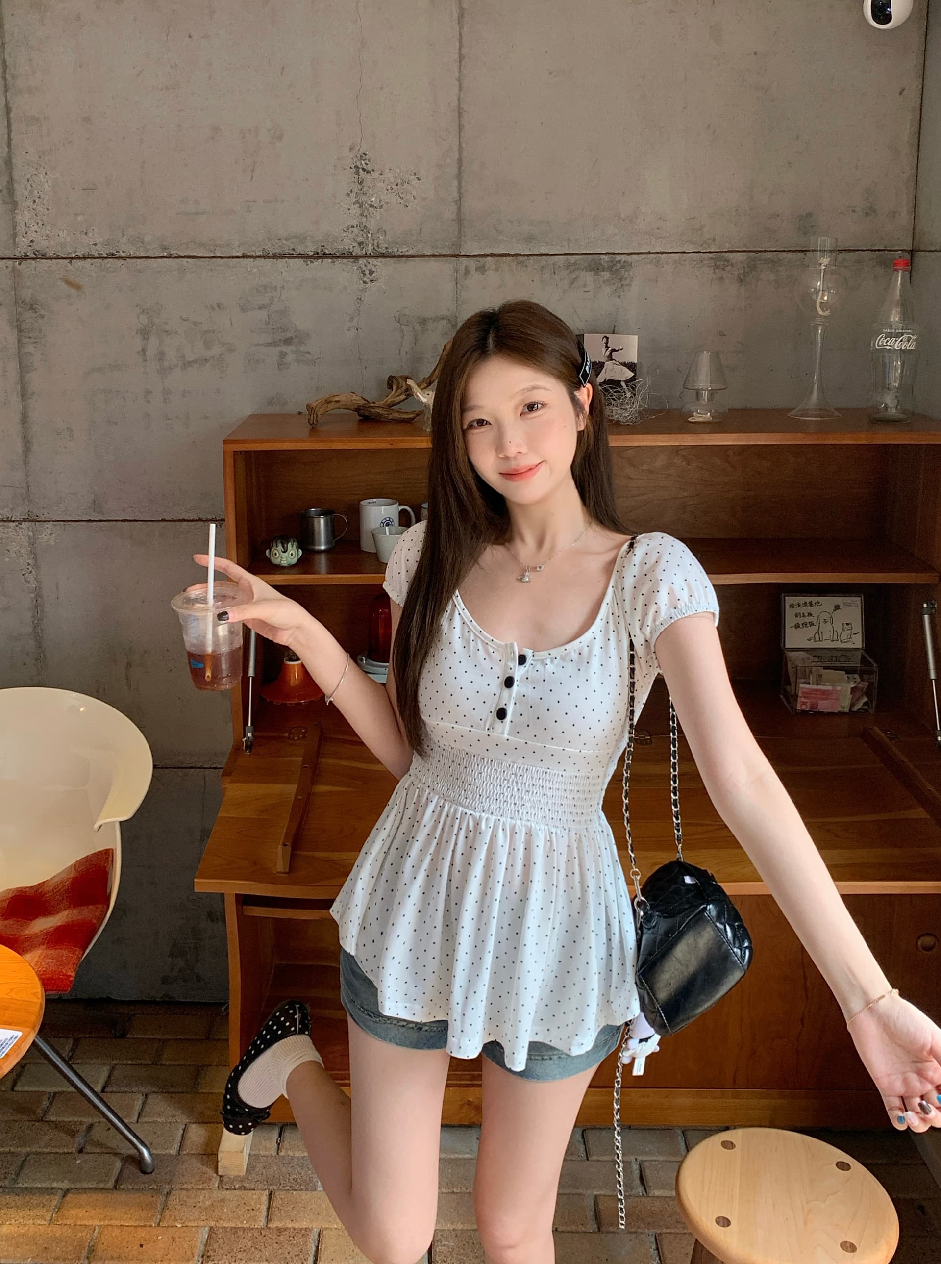 실사 빅 사이즈 지방 mm 한 부서 달콤함 소녀 바람 도트 무늬 광장 칼라 허리 수축 슬림해 보이는 진자 반팔 인형 셔츠 맨위 상세 이미지 5