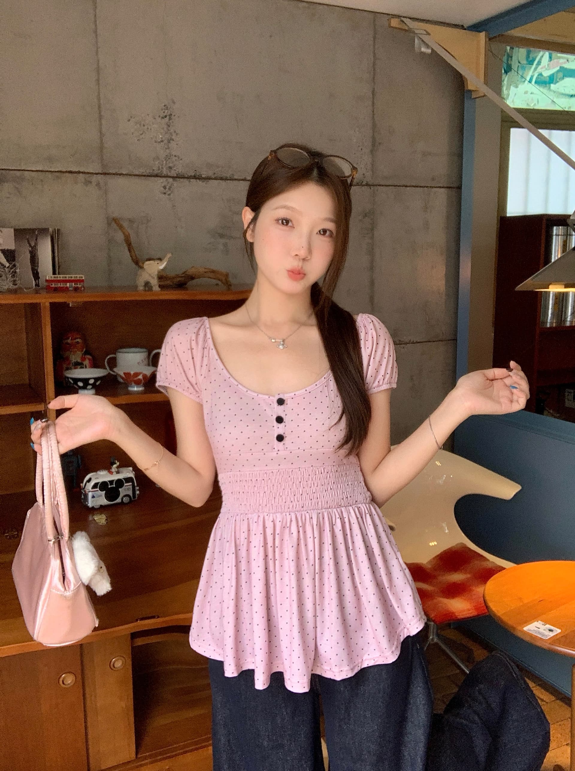 실사 빅 사이즈 지방 mm 한 부서 달콤함 소녀 바람 도트 무늬 광장 칼라 허리 수축 슬림해 보이는 진자 반팔 인형 셔츠 맨위 상세 이미지 9